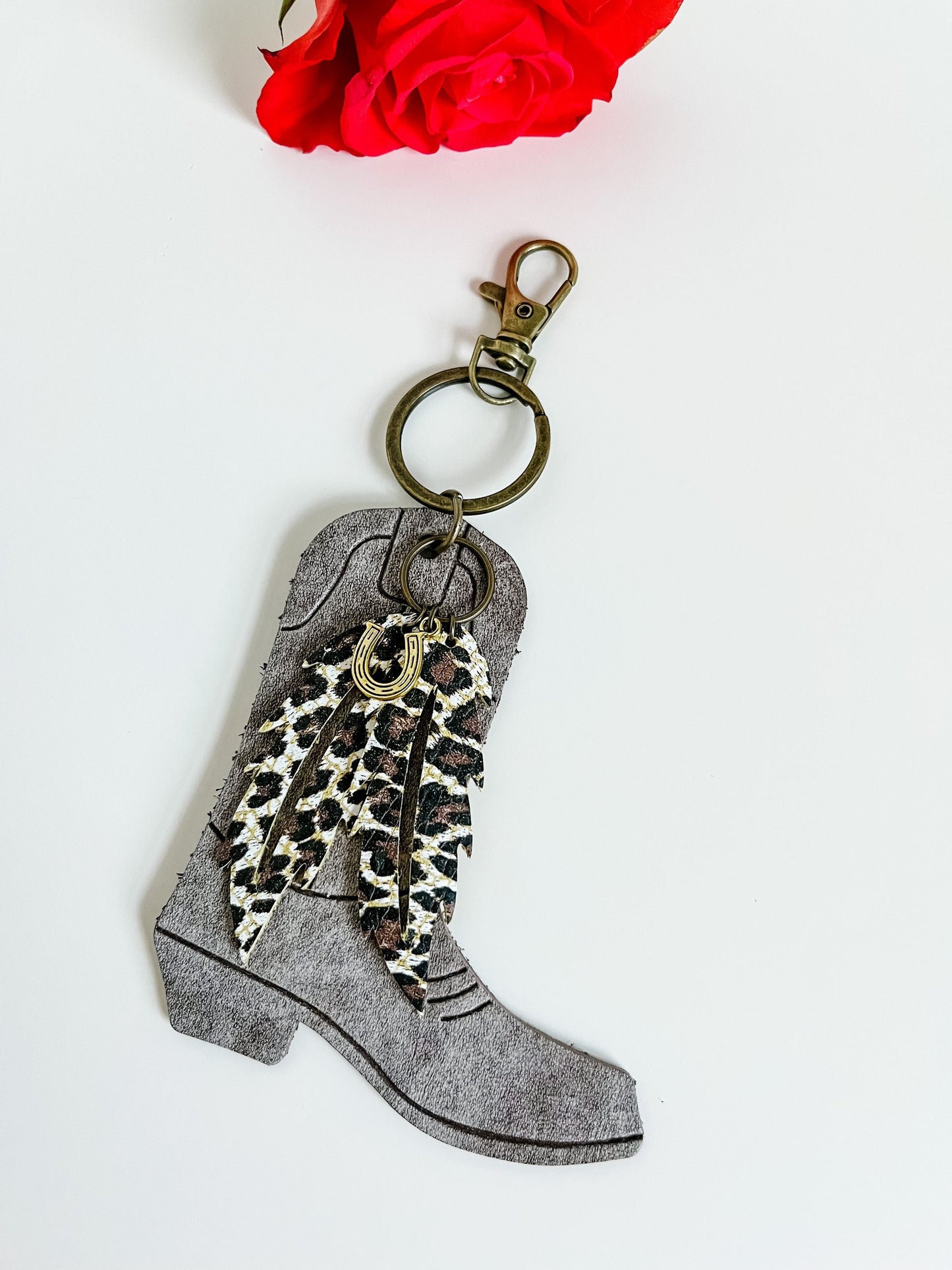 Cowgirl Boot Keychain with Leather Fringe or Feathers, Western Keychain, Saddle Charm, Purse Charm, Gift for Cowgirl, Truck Accessories