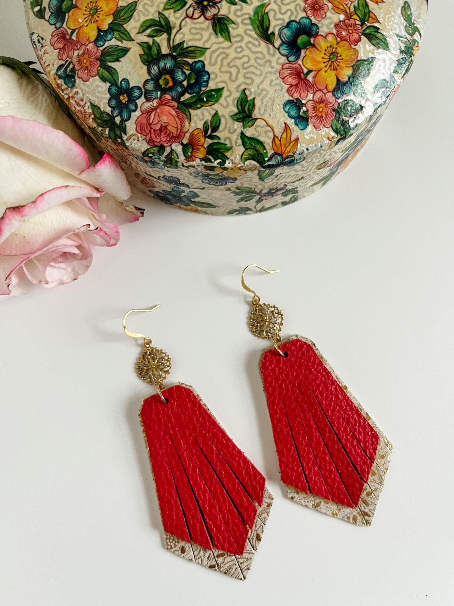 Leather Fringe Earrings, Red Fringe Earrings, Gold Paisley Earrings Ornate Filigree Drops, Vintage Inspired Earrings, Boho Dressy Earrings