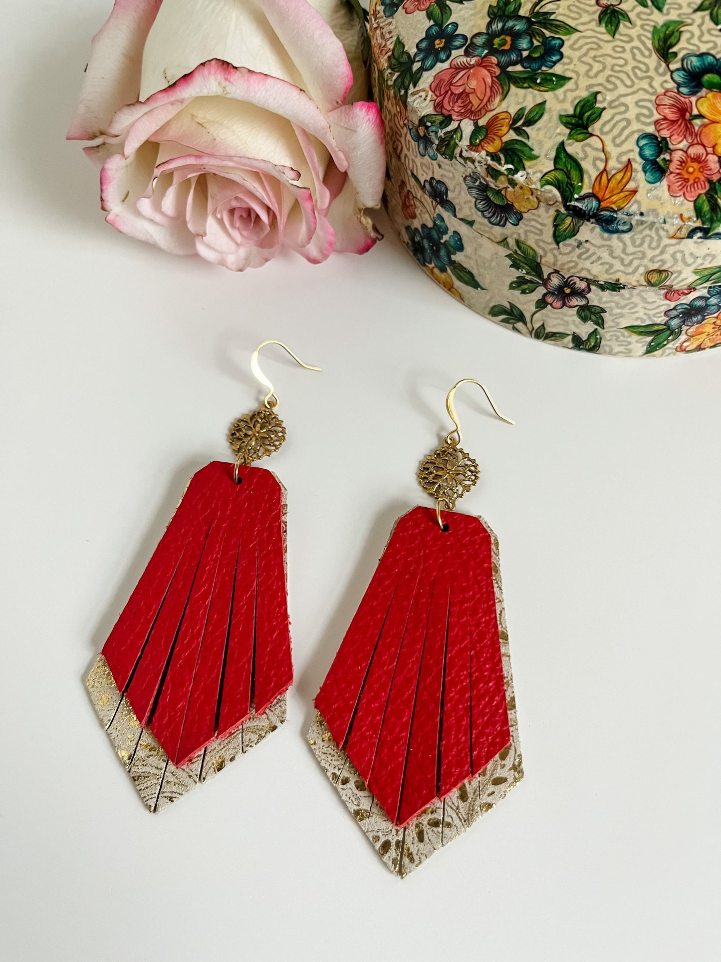 Leather Fringe Earrings, Red Fringe Earrings, Gold Paisley Earrings Ornate Filigree Drops, Vintage Inspired Earrings, Boho Dressy Earrings