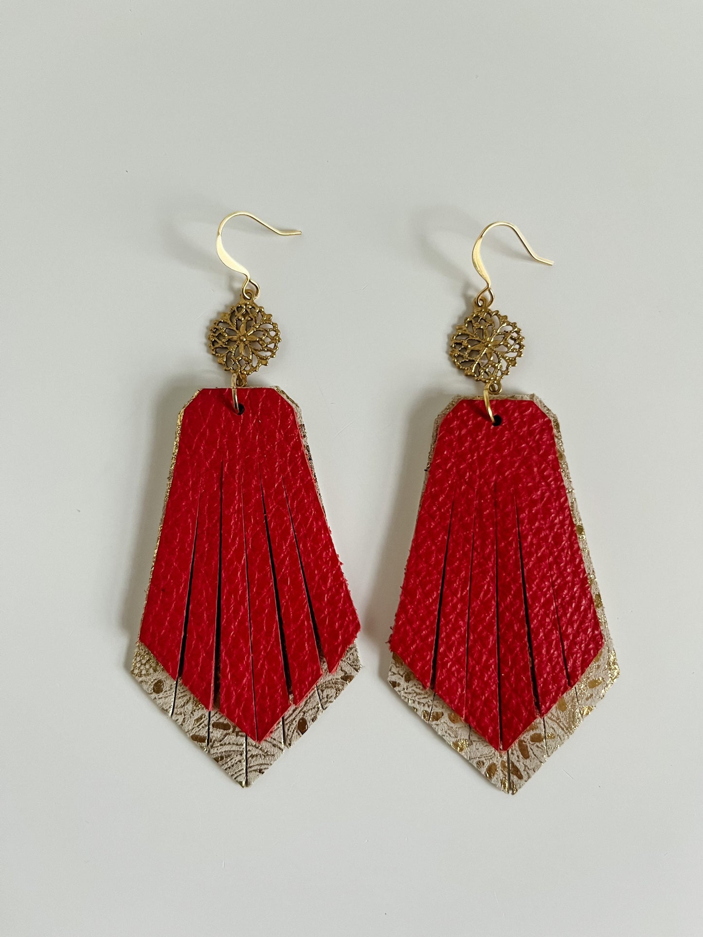 Leather Fringe Earrings, Red Fringe Earrings, Gold Paisley Earrings Ornate Filigree Drops, Vintage Inspired Earrings, Boho Dressy Earrings