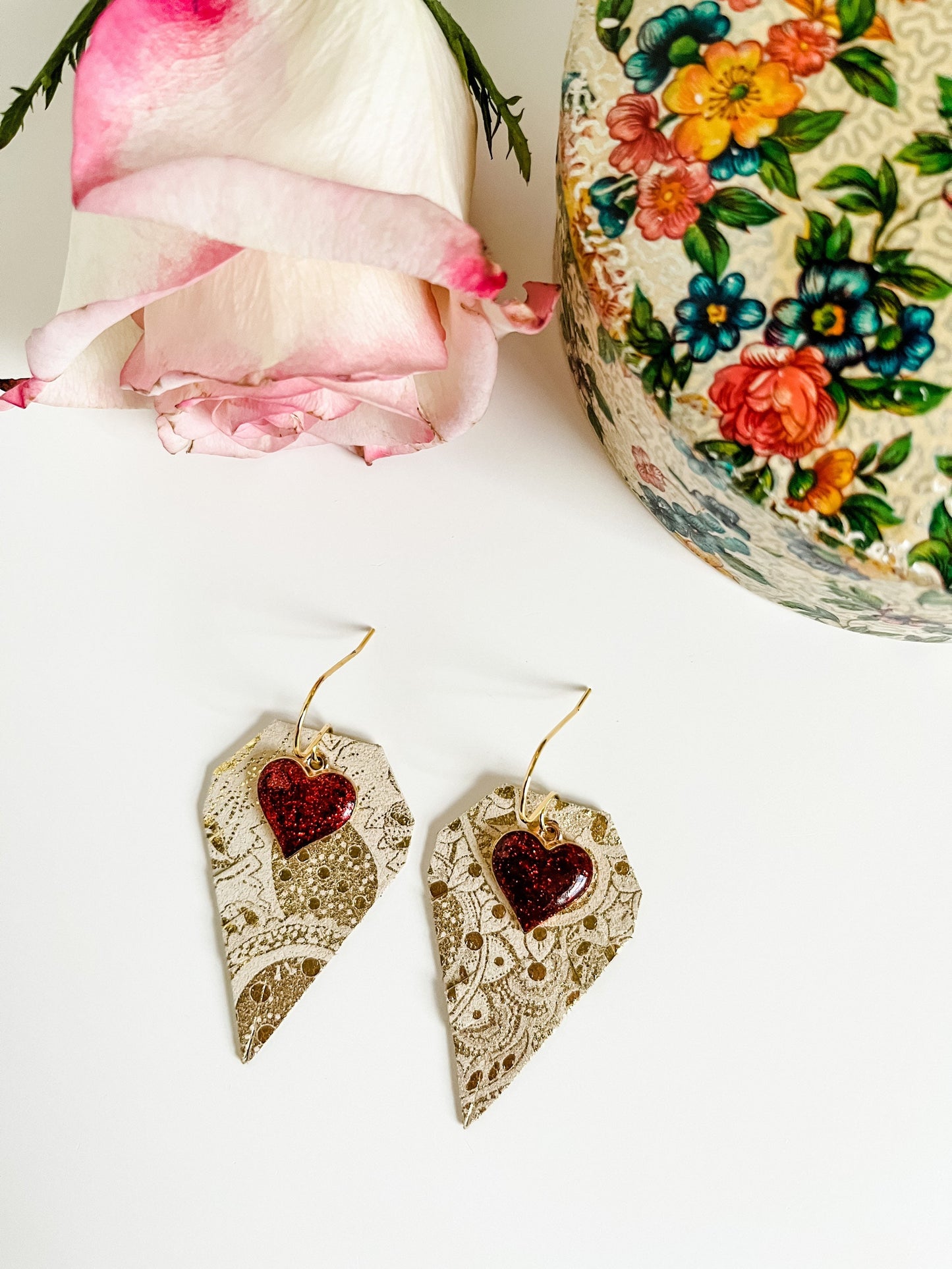 Gold Paisley Suede Earrings with Red Heart Charms, Valentines Earrings, Galentines Gift for Her, Diamond Shaped Fringe Earrings