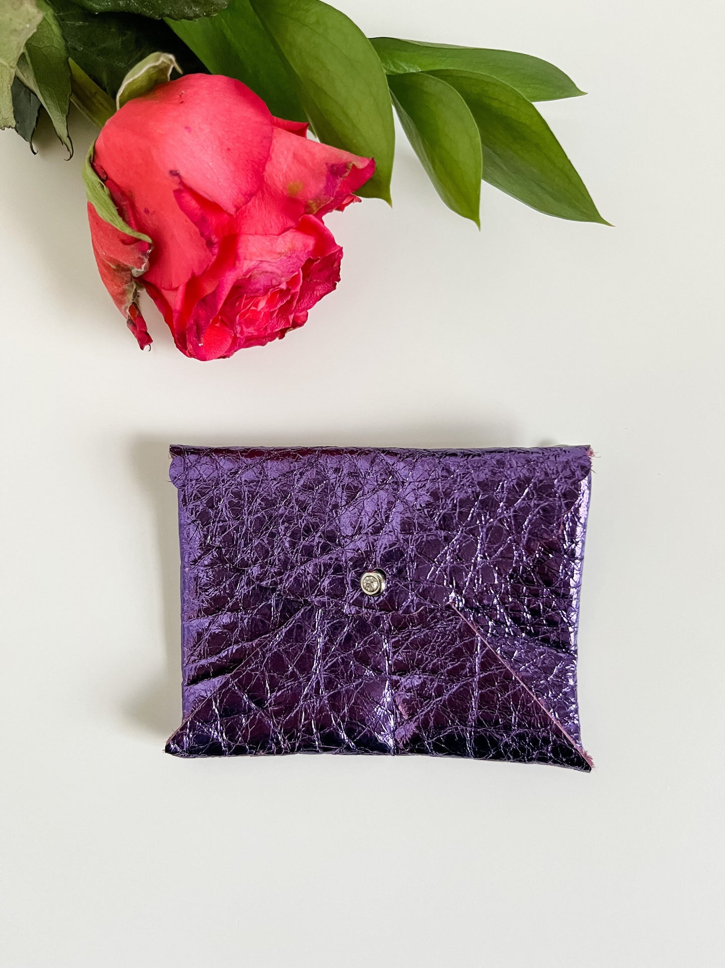 Metallic Purple Leather Card Wallet, Coin Purse, Mini Wallet, Card Holder, Small Purple Wallet, Bracelet Keychain, Best Friend Gift for Her