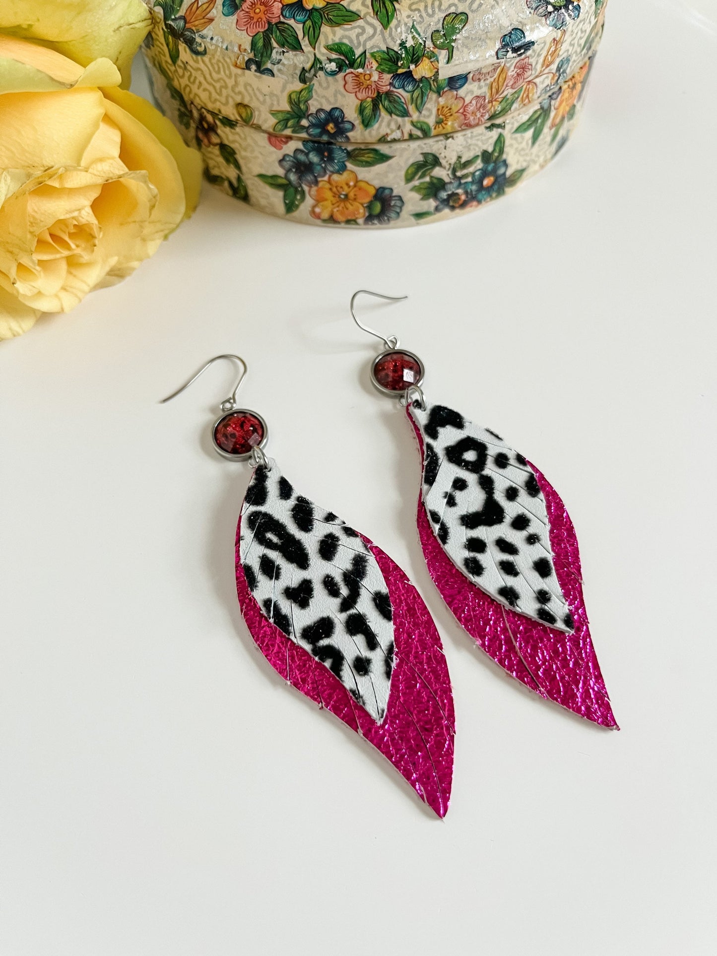 Pink and Black Leopard Earrings, Maximalist Feather Earrings, Metallic Dark Pink Leather, Flocked Leopard Leather, Bachelorette Earrings