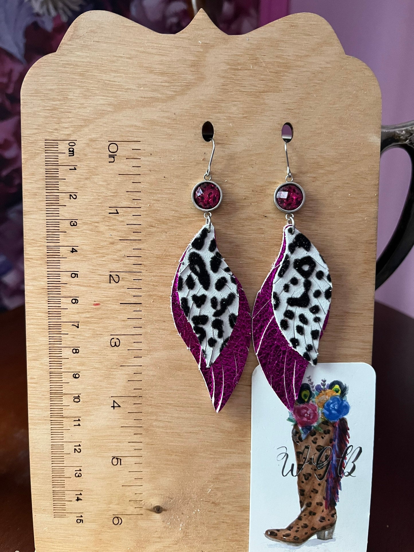 Pink and Black Leopard Earrings, Maximalist Feather Earrings, Metallic Dark Pink Leather, Flocked Leopard Leather, Bachelorette Earrings