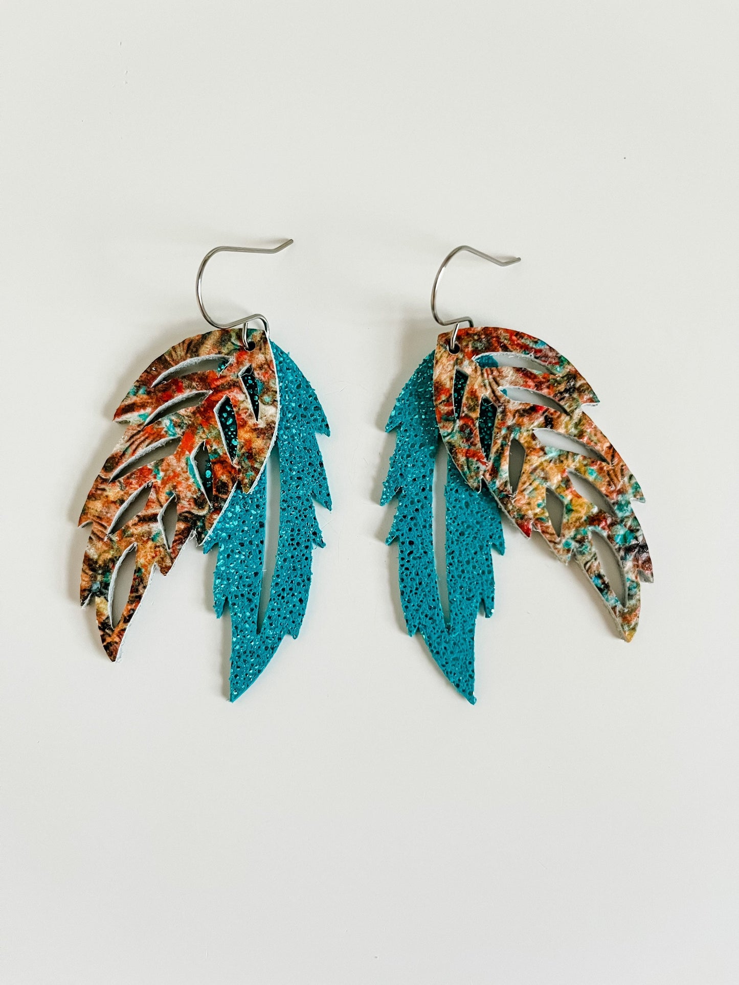 Leather Feather Earrings, Turquoise Earrings, Coastal Cowgirl Earrings, Cowgirl Chic Earrings, Western Tooled Patterned Earrings