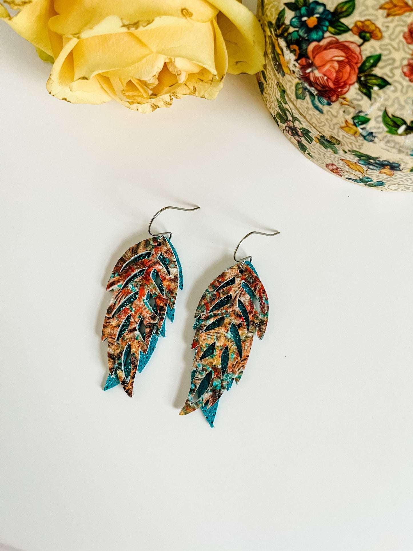 Leather Feather Earrings, Turquoise Earrings, Coastal Cowgirl Earrings, Cowgirl Chic Earrings, Western Tooled Patterned Earrings