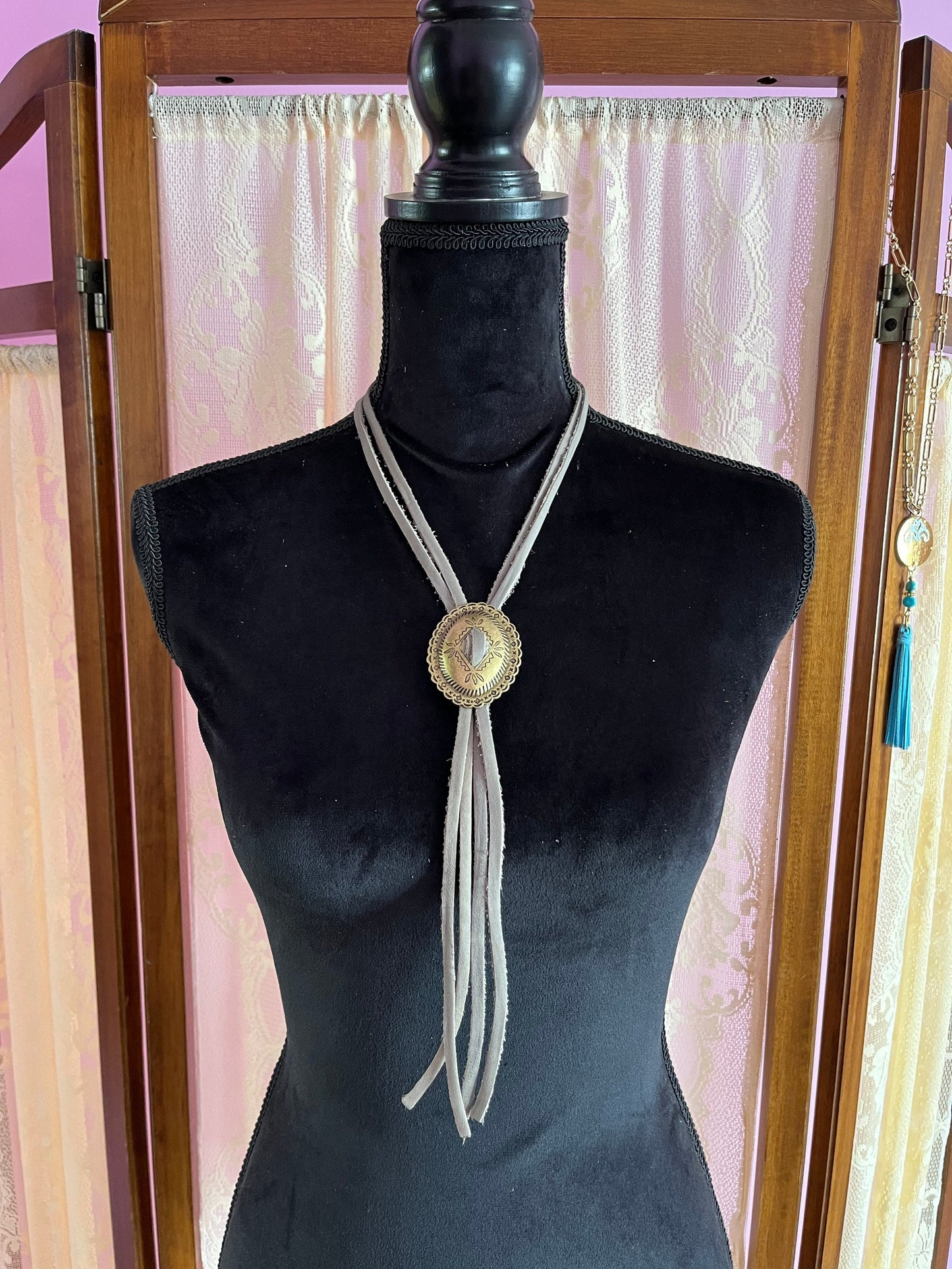 Modern Bolo Concho Necklace, Cowhide Leather Bolo, Western Statement Fringe Necklace, Punchy Jewelry, choose concho and leather color