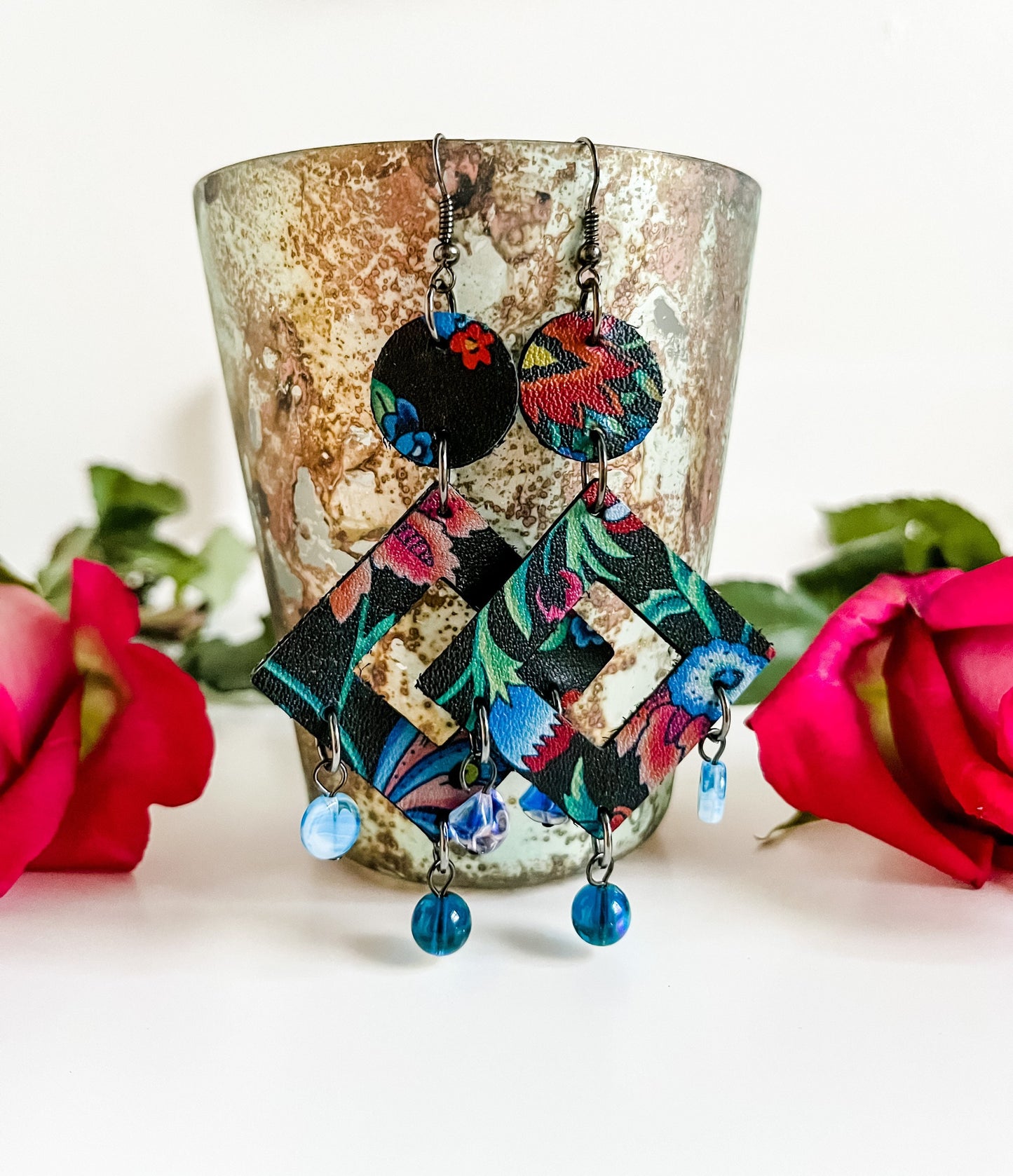 Leather Chandelier Earrings, Black and Blue Chandelier Earrings, Phoenix Flower Earrings, Maximalist Earrings, Boho Nouveau Dangle Earrings