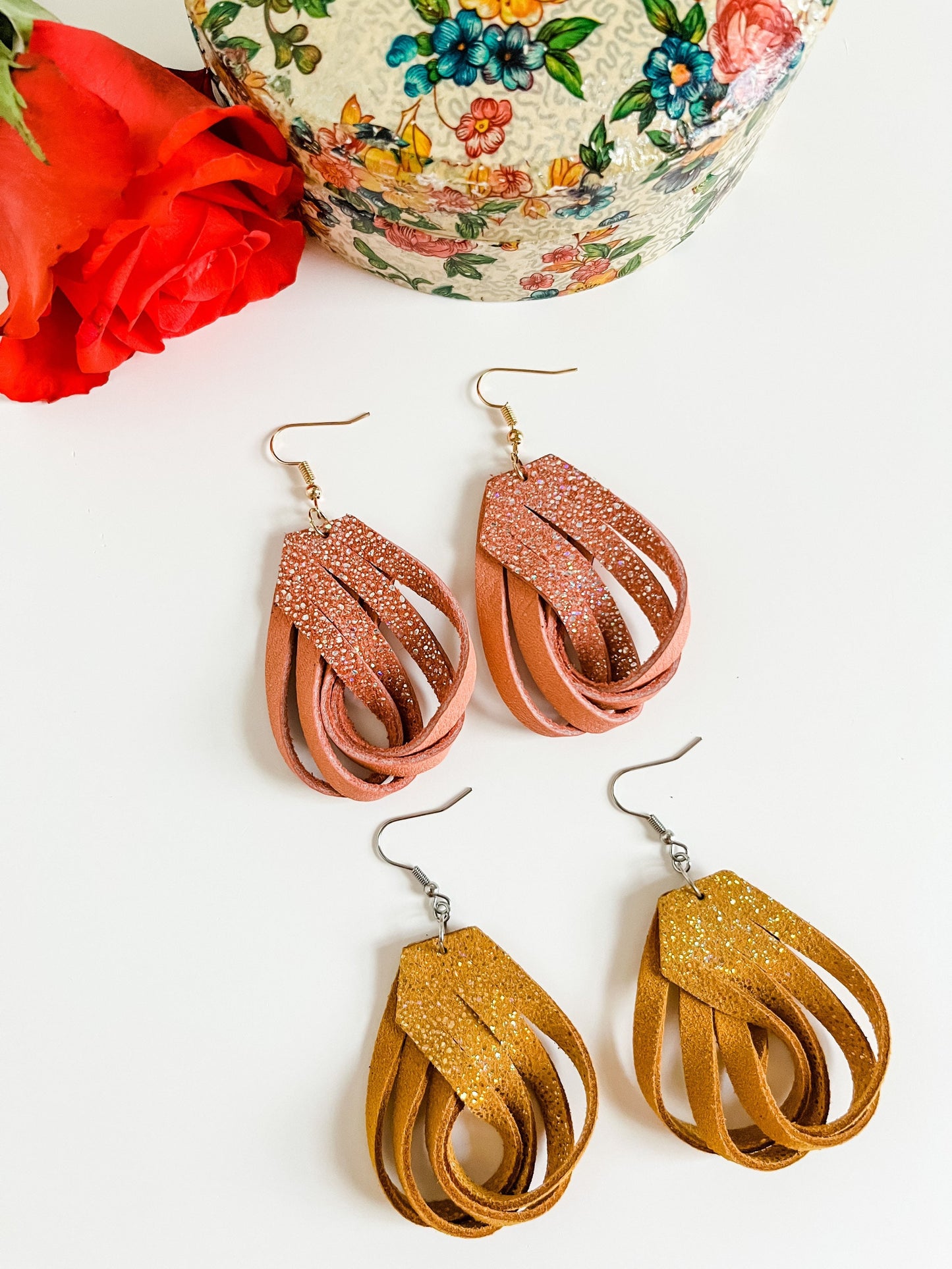 Leather Fringe Loop Earrings, Metallic Peach Sparkle, Metallic Mustard Sparkle, Leather Earrings, Medium Size Earrings, Boho Dressy Earrings