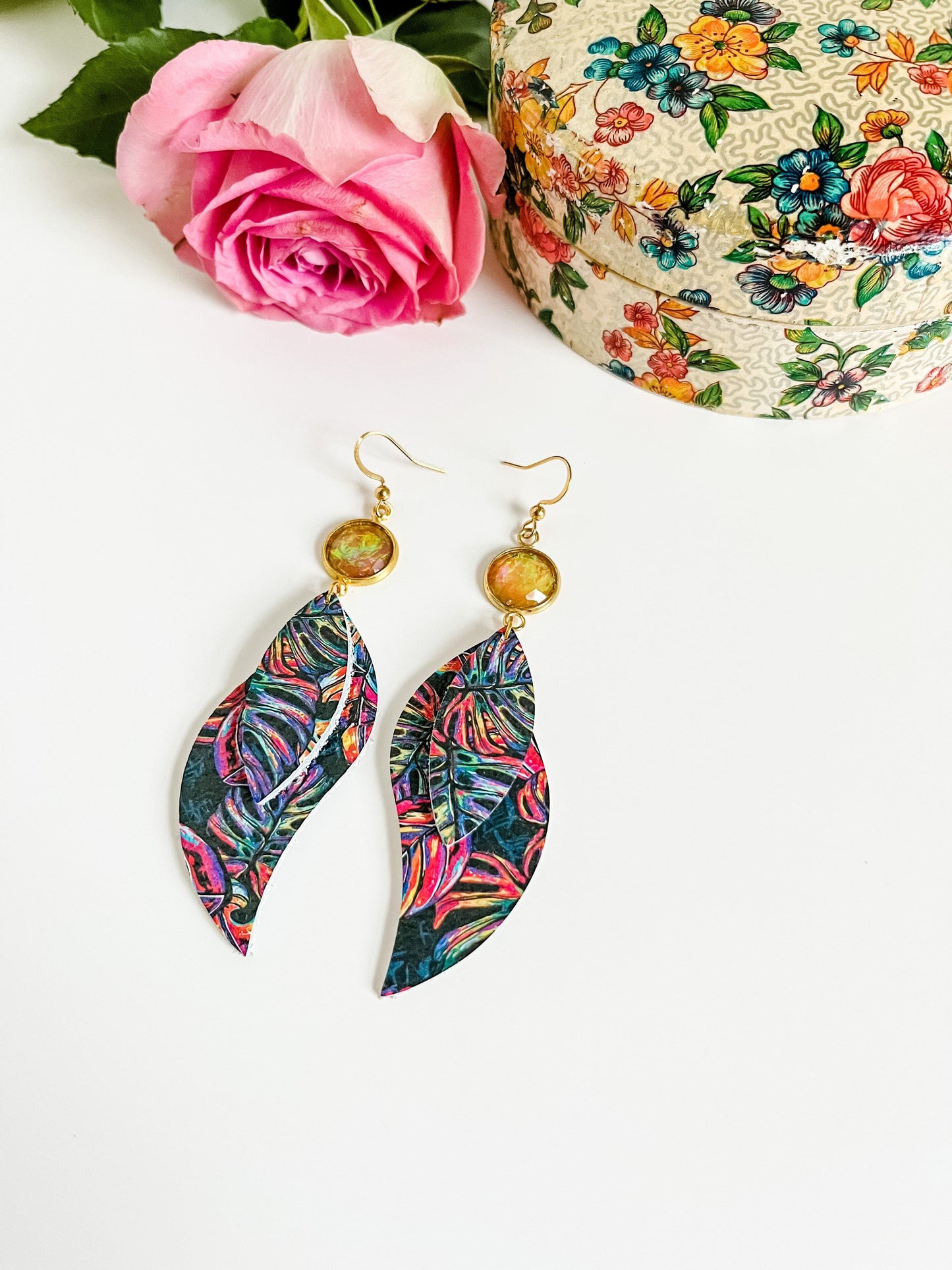 Neon Monstera Leaf Print Earrings, Twist Petal Earrings with Gold Orange Druzy Drops, Tropical Beachy Earrings, Monstera Gift for Her