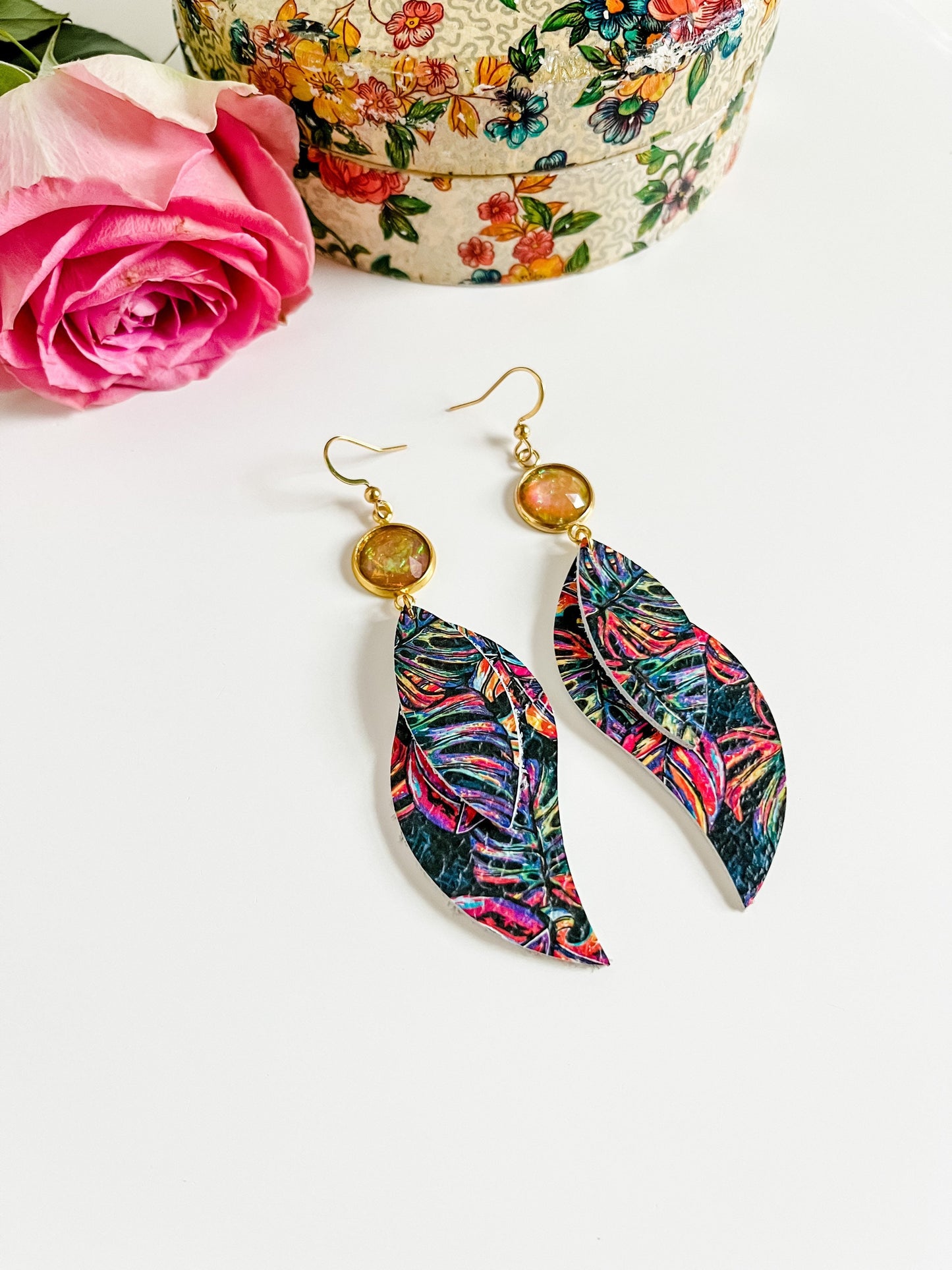 Neon Monstera Leaf Print Earrings, Twist Petal Earrings with Gold Orange Druzy Drops, Tropical Beachy Earrings, Monstera Gift for Her