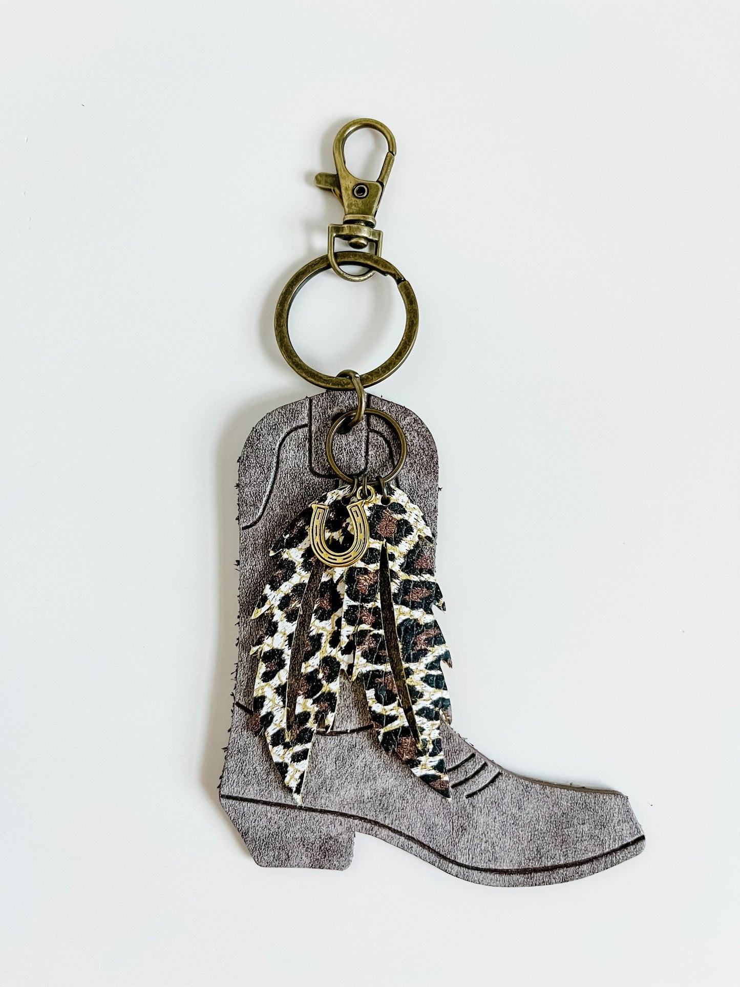 Cowgirl Boot Keychain with Leather Fringe or Feathers, Western Keychain, Saddle Charm, Purse Charm, Gift for Cowgirl, Truck Accessories