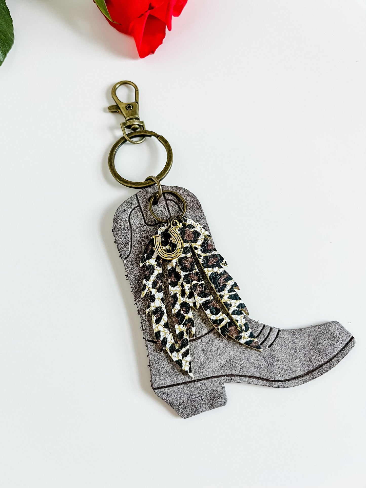 Cowgirl Boot Keychain with Leather Fringe or Feathers, Western Keychain, Saddle Charm, Purse Charm, Gift for Cowgirl, Truck Accessories