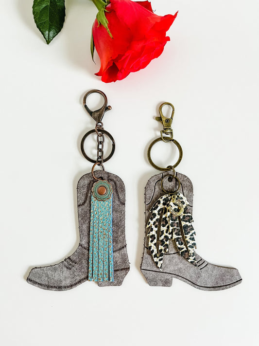 Cowgirl Boot Keychain with Leather Fringe or Feathers, Western Keychain, Saddle Charm, Purse Charm, Gift for Cowgirl, Truck Accessories