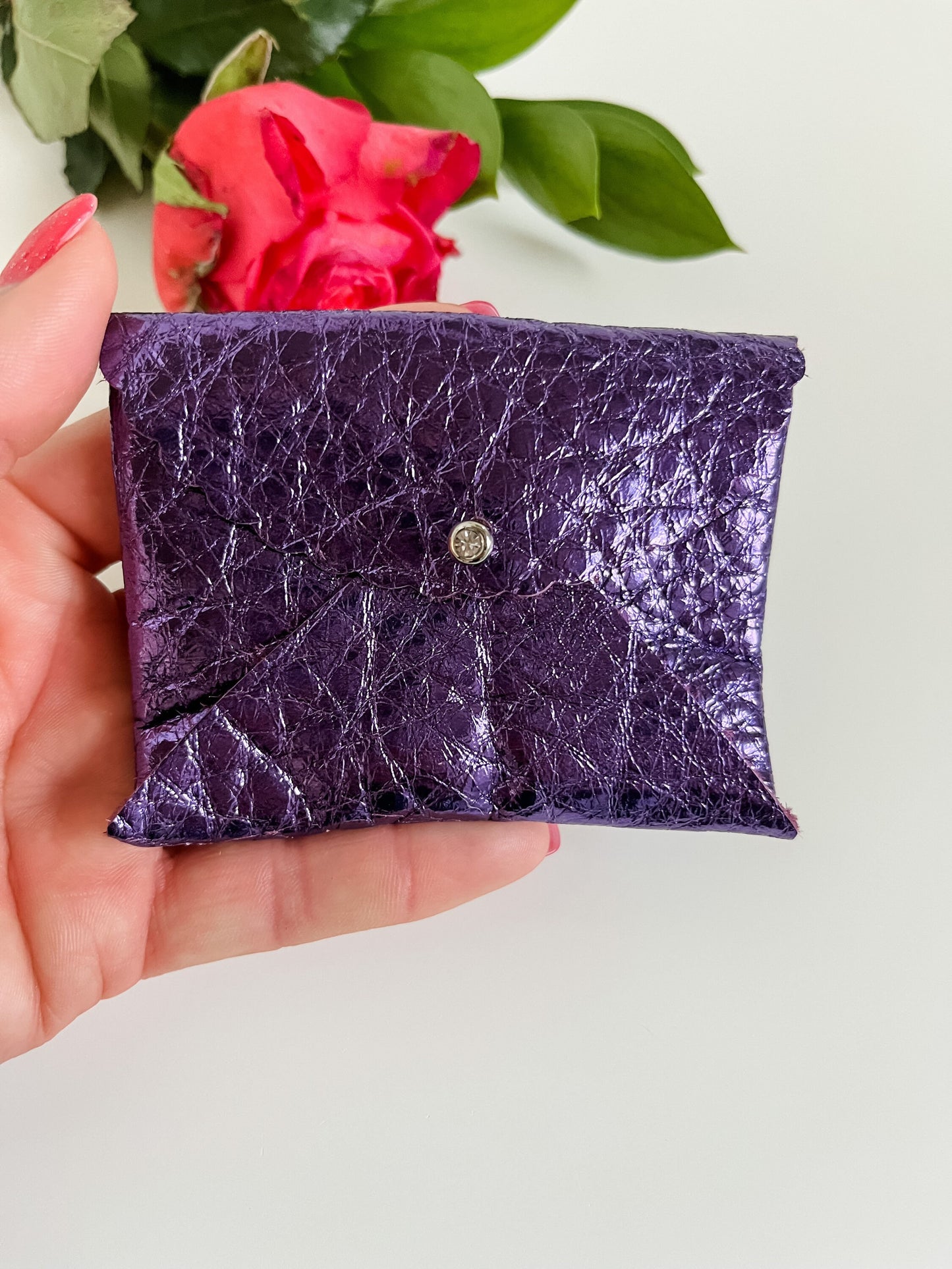 Metallic Purple Leather Card Wallet, Coin Purse, Mini Wallet, Card Holder, Small Purple Wallet, Bracelet Keychain, Best Friend Gift for Her