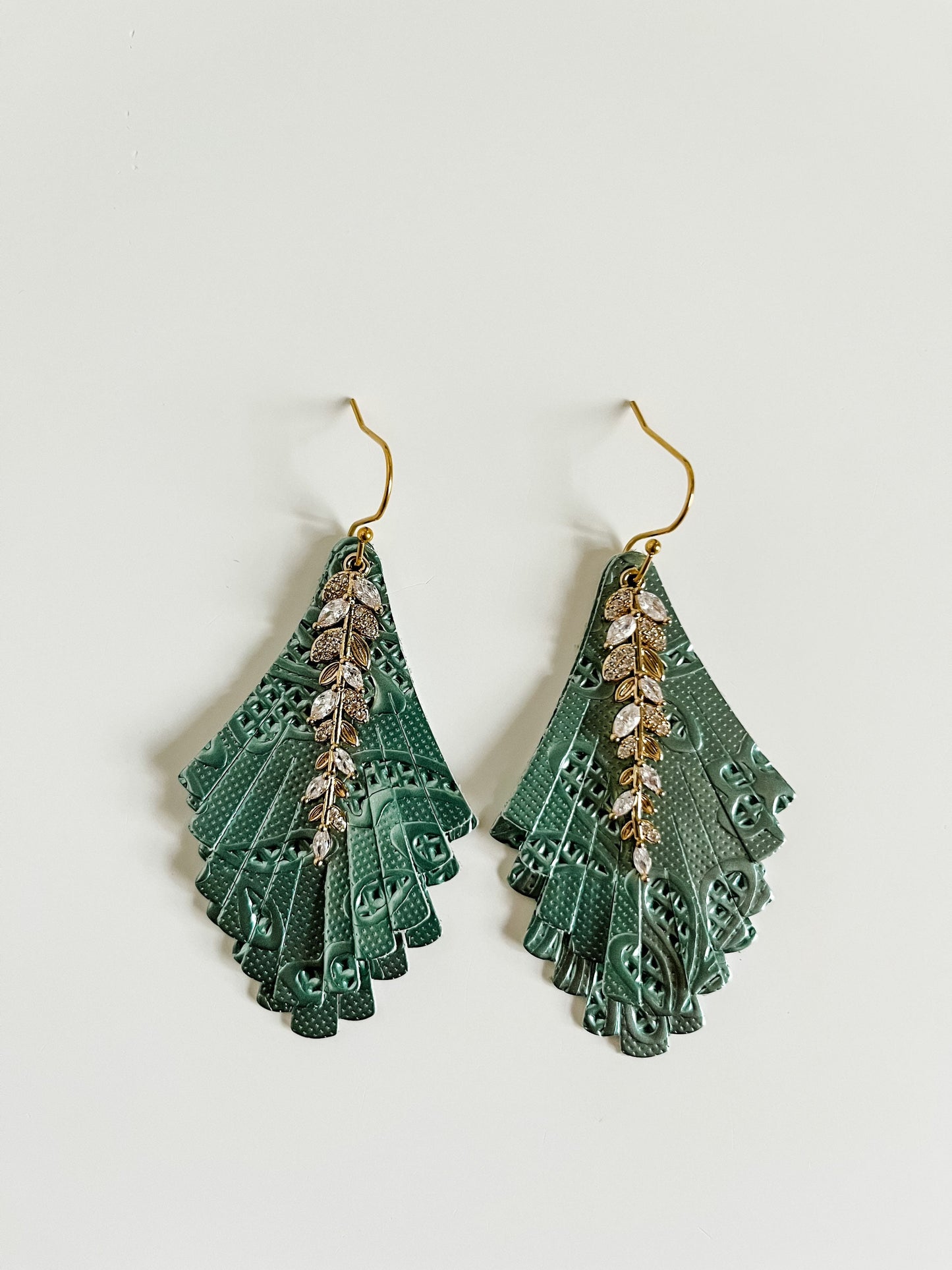 Elegant Fringe Earrings in Sage Green Floral Embossed Leather, Crystal Leaf Charm Dangles, Boho Dressy Earrings, Green Coquette Earrings