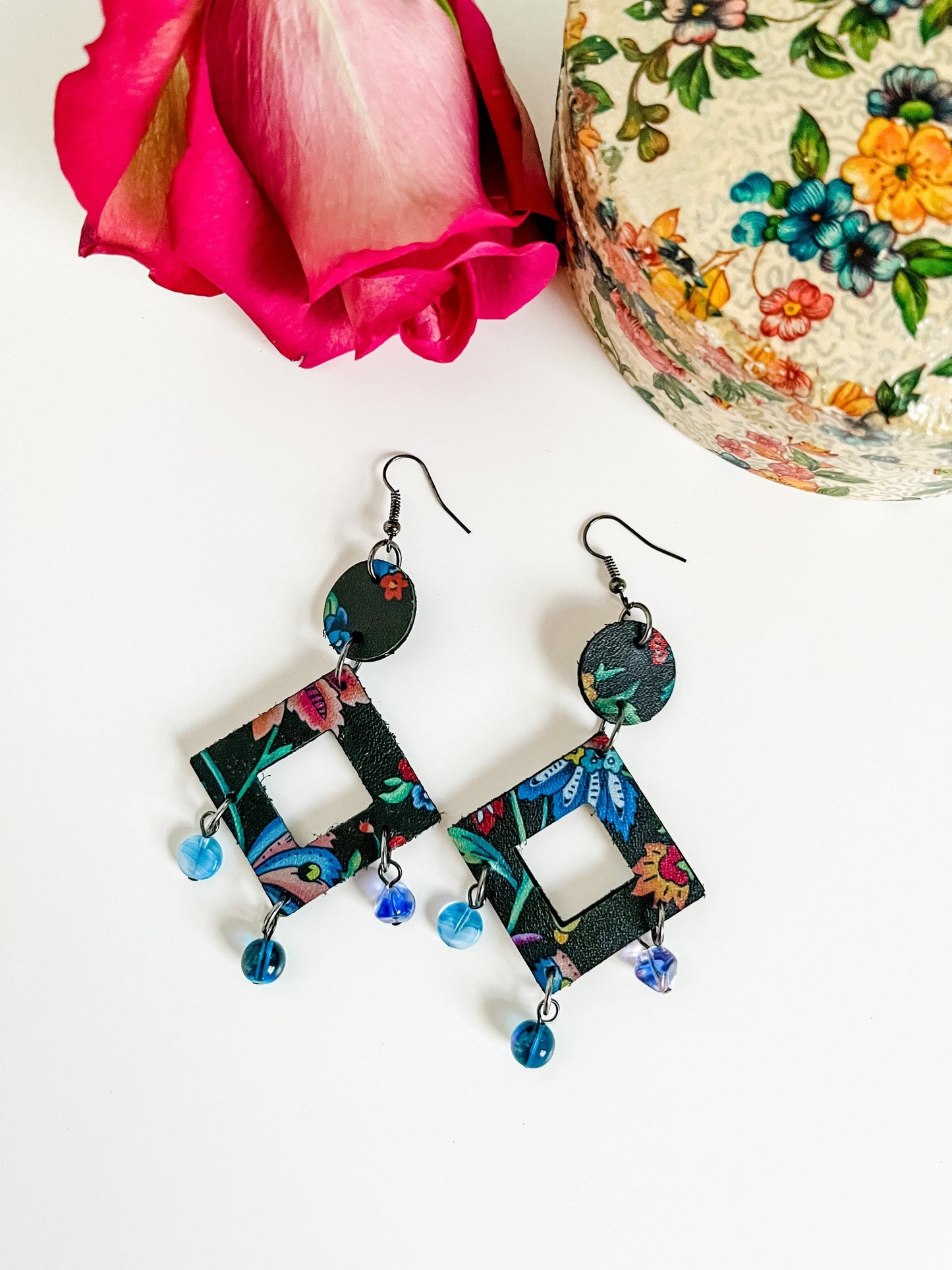 Leather Chandelier Earrings, Black and Blue Chandelier Earrings, Phoenix Flower Earrings, Maximalist Earrings, Boho Nouveau Dangle Earrings