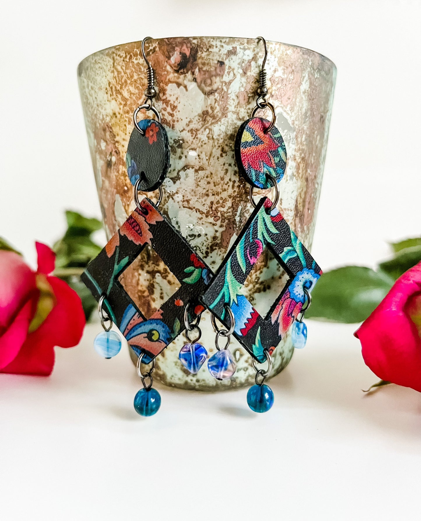 Leather Chandelier Earrings, Black and Blue Chandelier Earrings, Phoenix Flower Earrings, Maximalist Earrings, Boho Nouveau Dangle Earrings