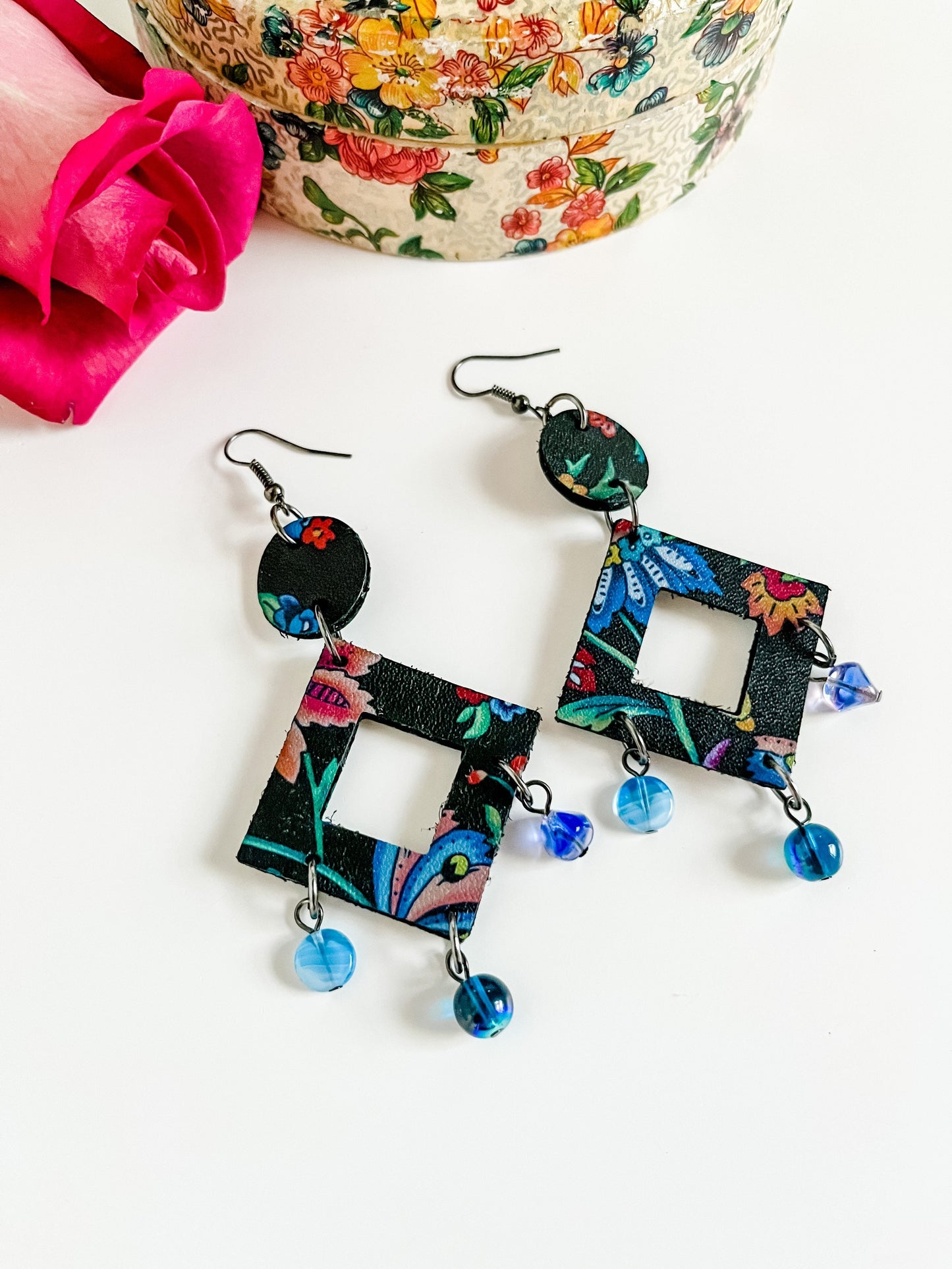 Leather Chandelier Earrings, Black and Blue Chandelier Earrings, Phoenix Flower Earrings, Maximalist Earrings, Boho Nouveau Dangle Earrings