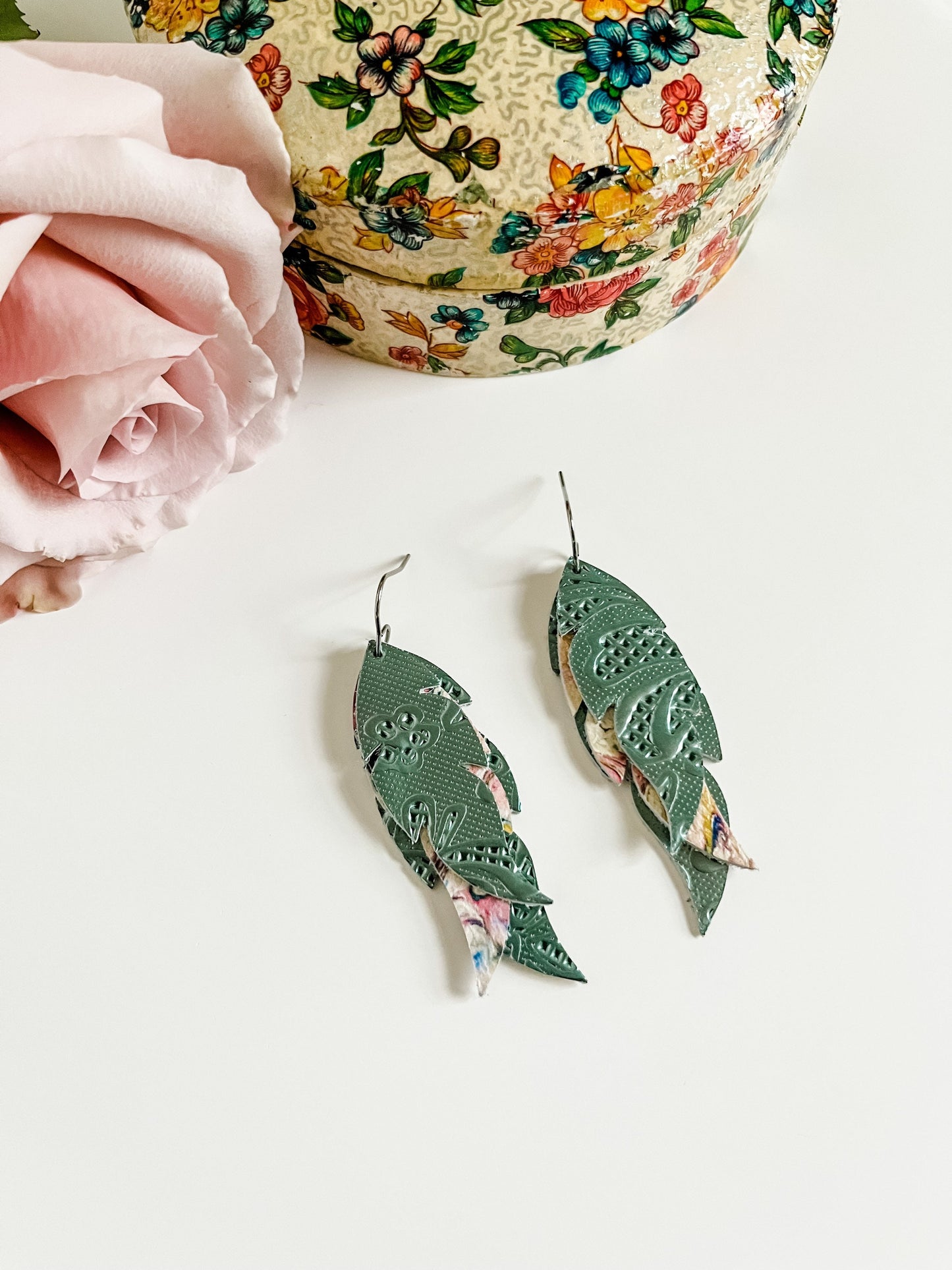 Leather Feather Earrings, Sage Green Earrings, Pastel Earrings, Boho Chic Earrings, Marble Look Earrings, Cream, Light Pink, Metallic Green