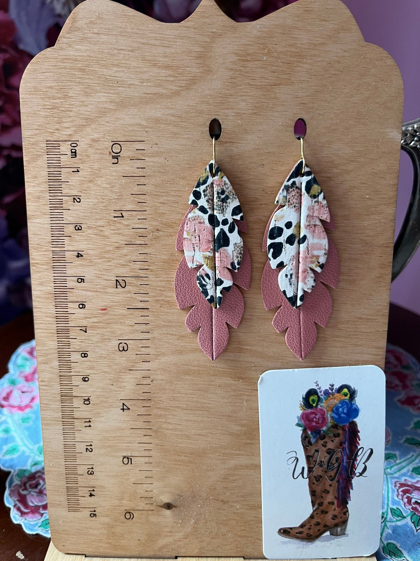 Embossed Feather Earrings in Pansy Leopard Print and Shimmery Peach Coral Lambskin, Leopard Print, Pansy Flower Earrings, Peach Earrings