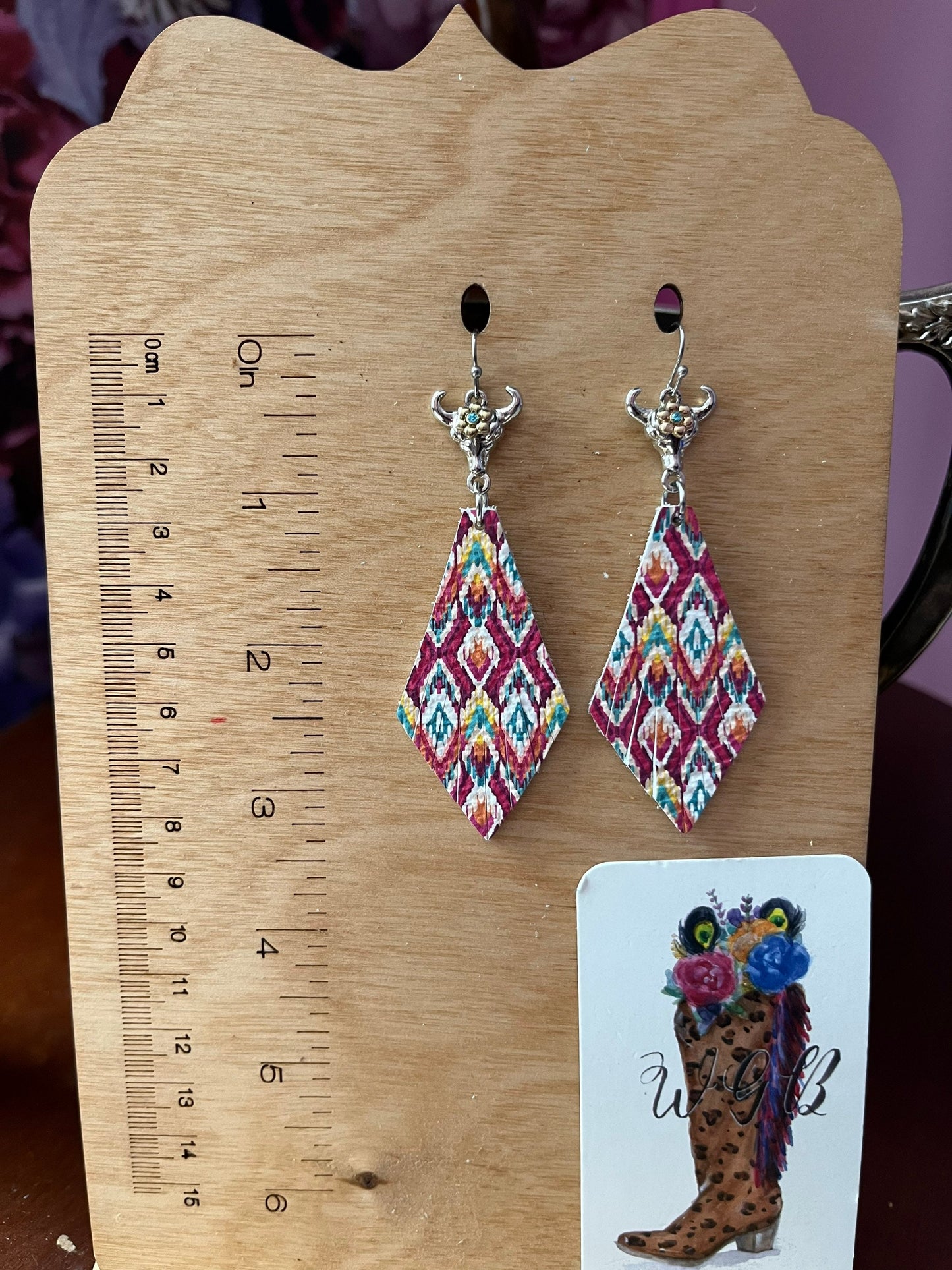 Southwestern Leather Fringe Earrings, Boho Cow Skull Drops, Coastal Cowgirl Chic Earrings, Western Earrings, Vibrant Aztec Print Earrings