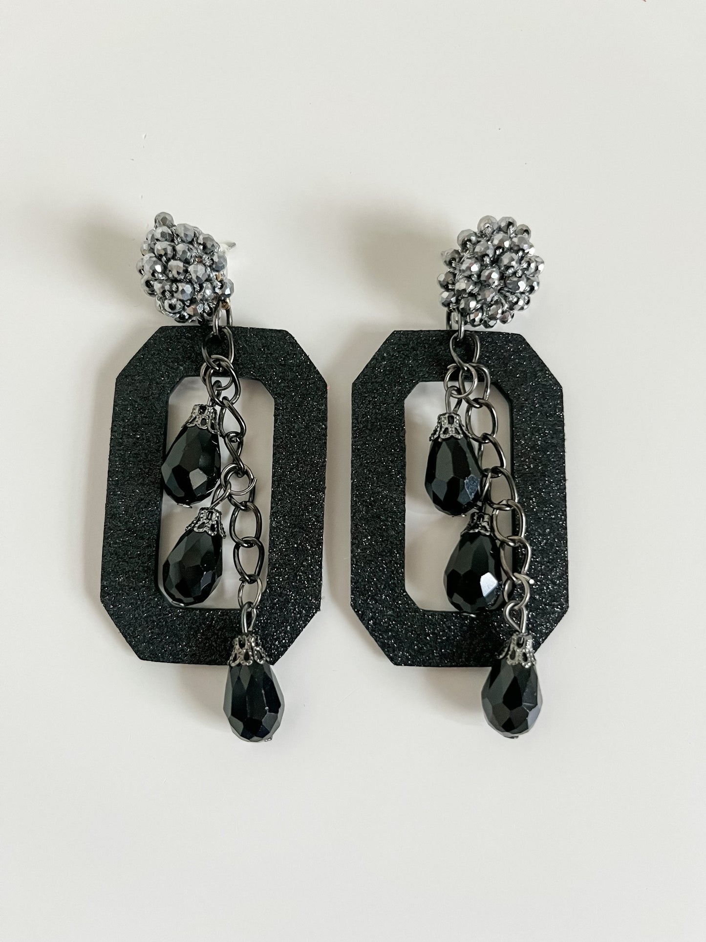 Shimmery Black Leather Earrings with Black Bead Dangles, Western Glam Maximalist Earrings, Party Earrings, Boho Dressy Earrings