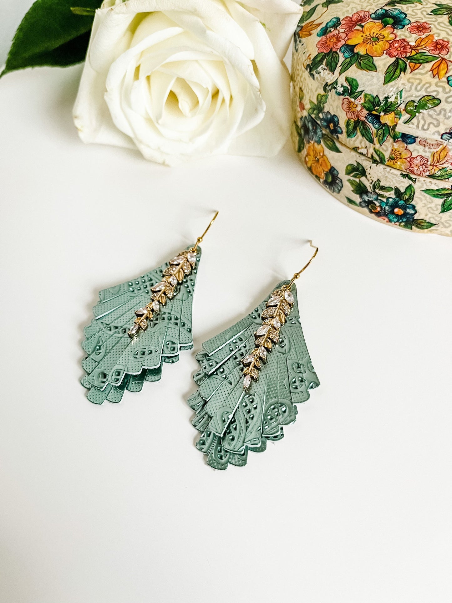 Elegant Fringe Earrings in Sage Green Floral Embossed Leather, Crystal Leaf Charm Dangles, Boho Dressy Earrings, Green Coquette Earrings