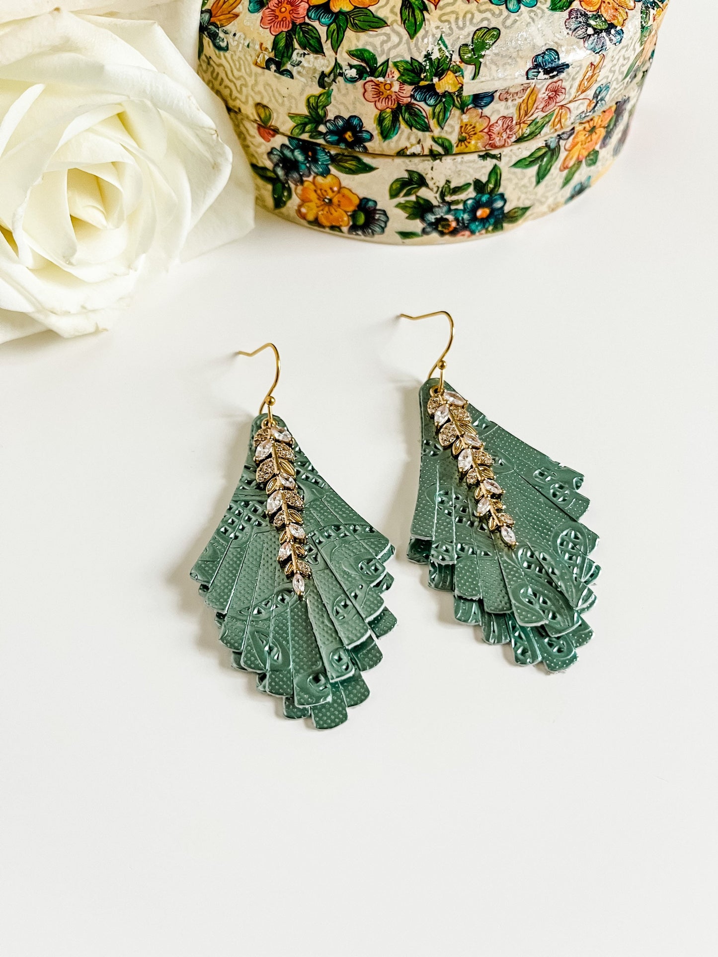 Elegant Fringe Earrings in Sage Green Floral Embossed Leather, Crystal Leaf Charm Dangles, Boho Dressy Earrings, Green Coquette Earrings