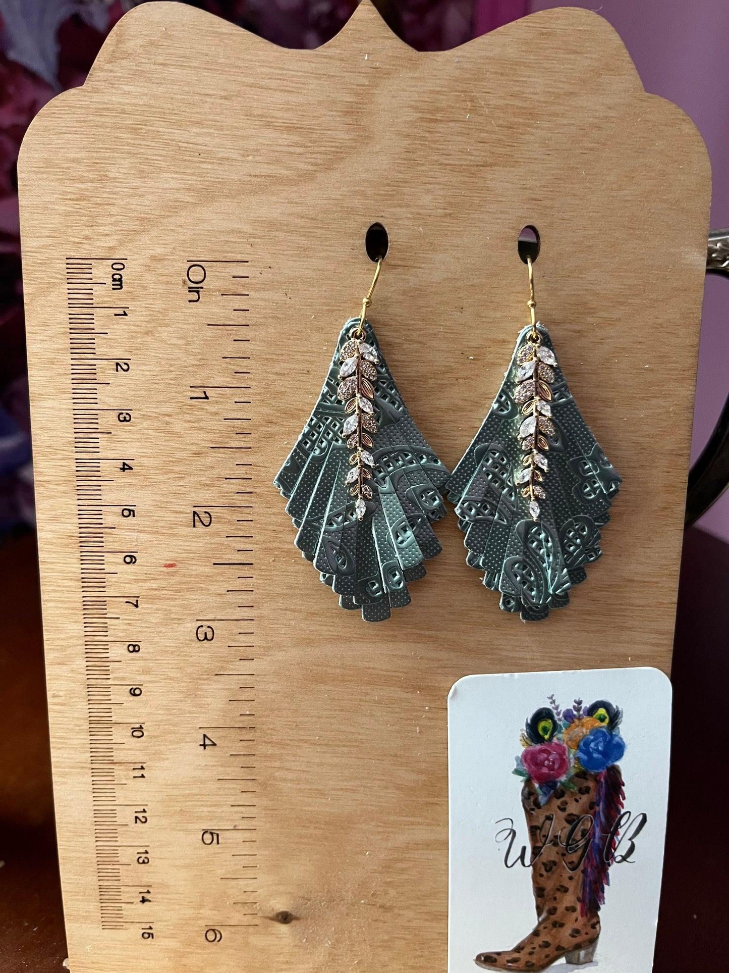 Elegant Fringe Earrings in Sage Green Floral Embossed Leather, Crystal Leaf Charm Dangles, Boho Dressy Earrings, Green Coquette Earrings