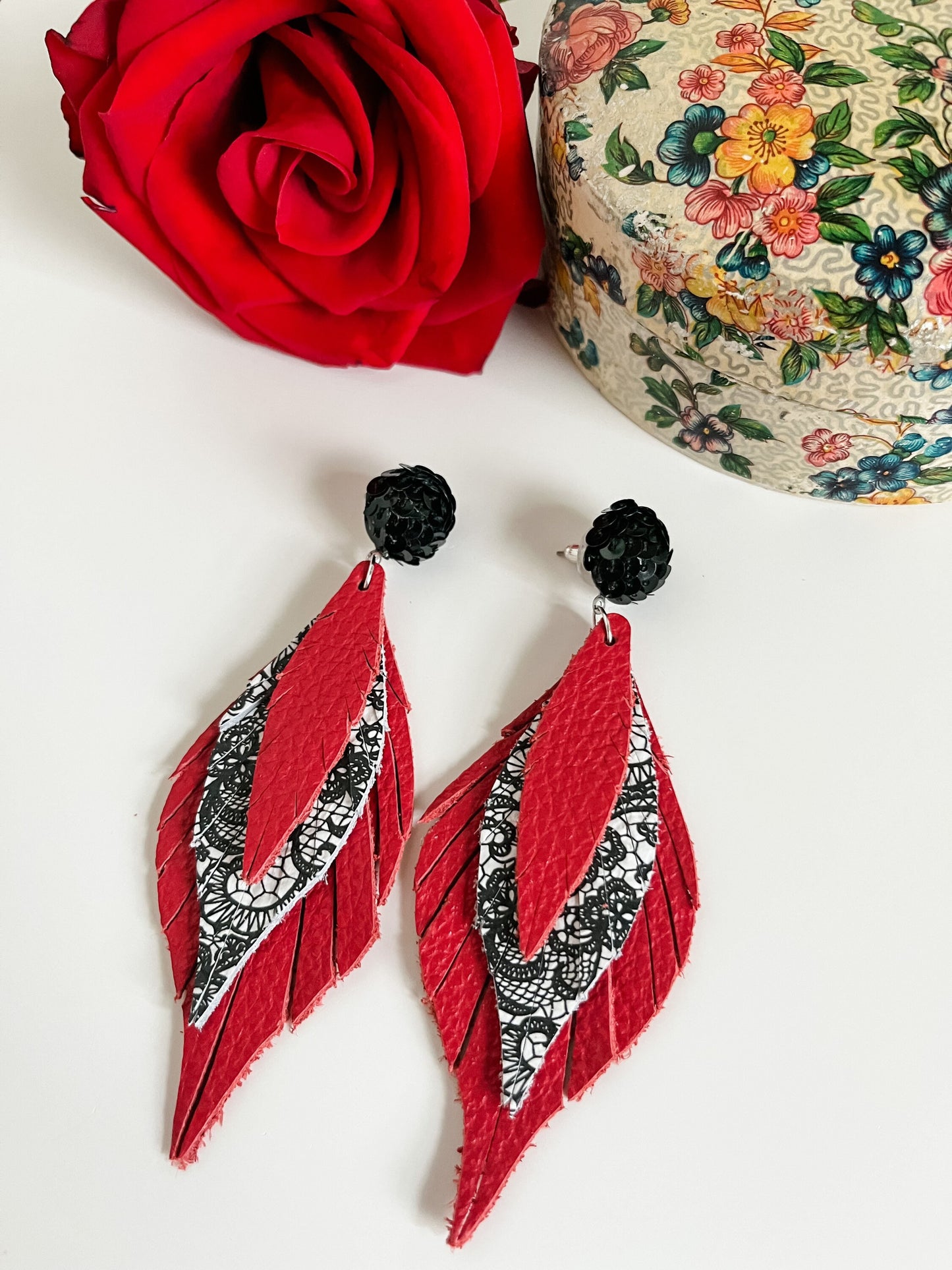 Red and Black Lace Earrings, Black Sequin Stud Earrings Curvy Leather Feather Dangles, Maximalist Earrings, Bachelorette Party Earrings