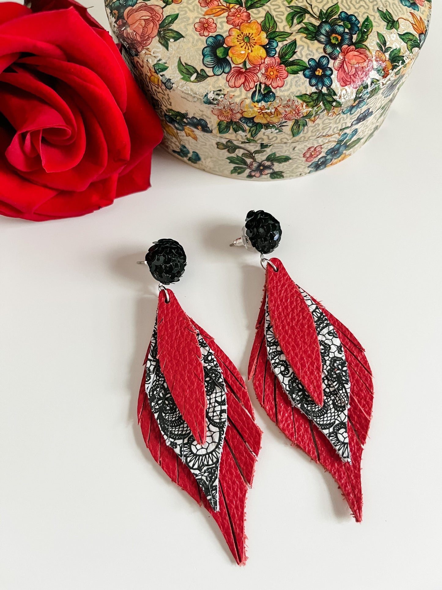 Red and Black Lace Earrings, Black Sequin Stud Earrings Curvy Leather Feather Dangles, Maximalist Earrings, Bachelorette Party Earrings