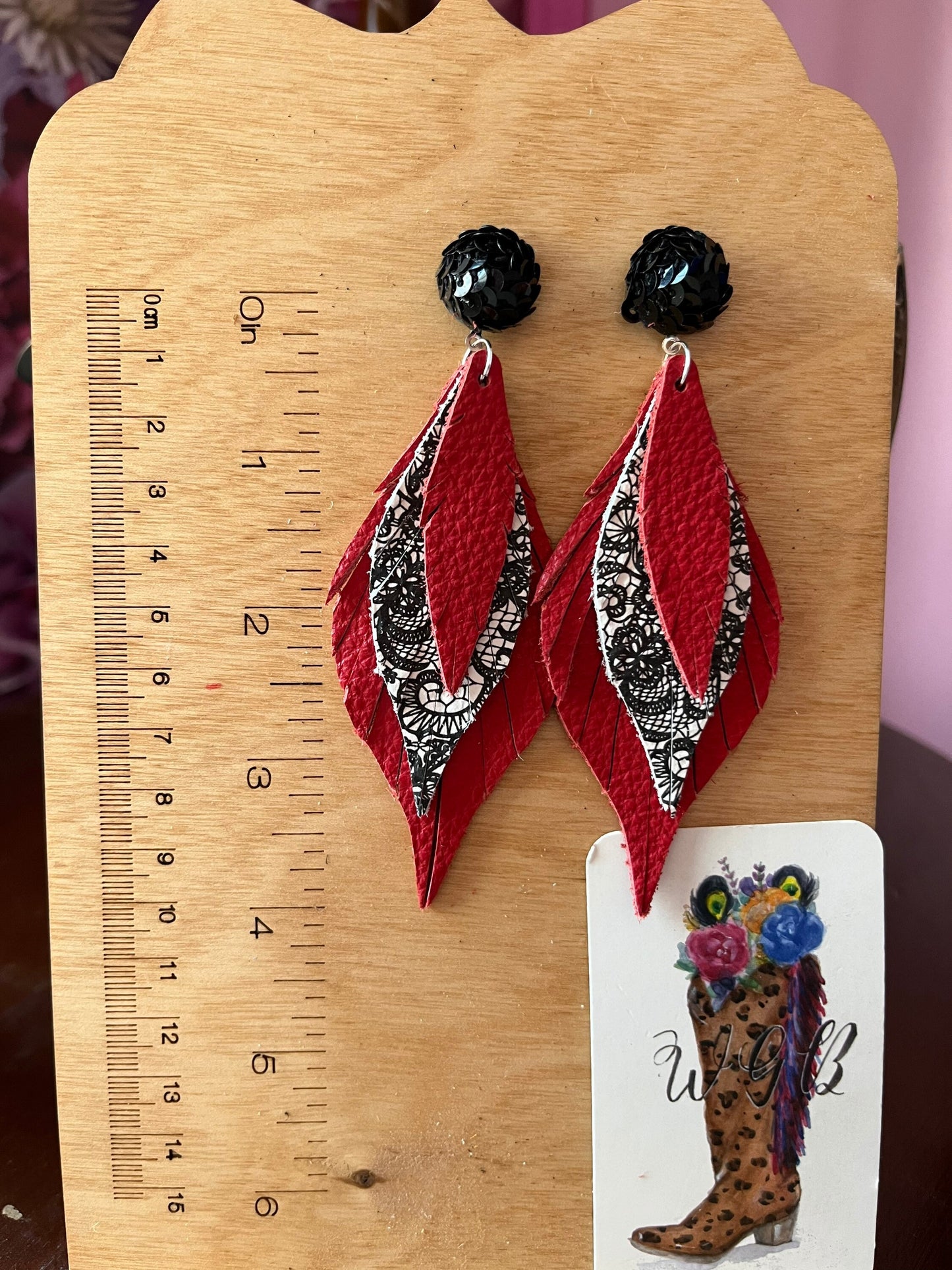 Red and Black Lace Earrings, Black Sequin Stud Earrings Curvy Leather Feather Dangles, Maximalist Earrings, Bachelorette Party Earrings