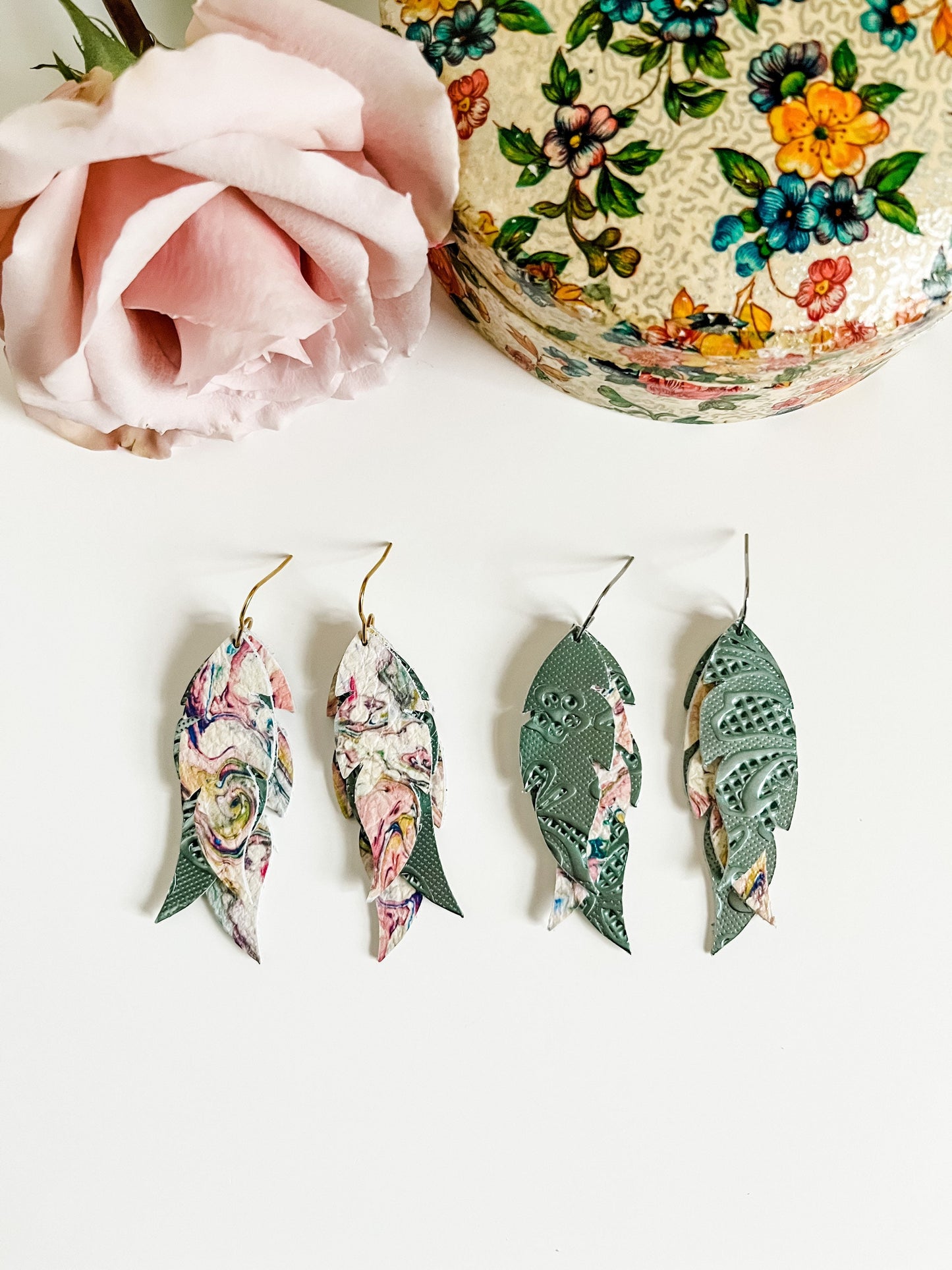 Leather Feather Earrings, Sage Green Earrings, Pastel Earrings, Boho Chic Earrings, Marble Look Earrings, Cream, Light Pink, Metallic Green