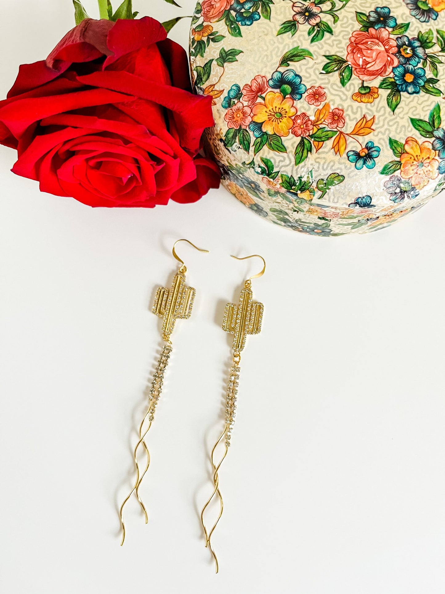 Gold Pave Cactus Earrings with Rhinestone Tassels, Boho Western Statement Earrings, Cactus Earrings, Western Wedding Earrings, NFR Earrings