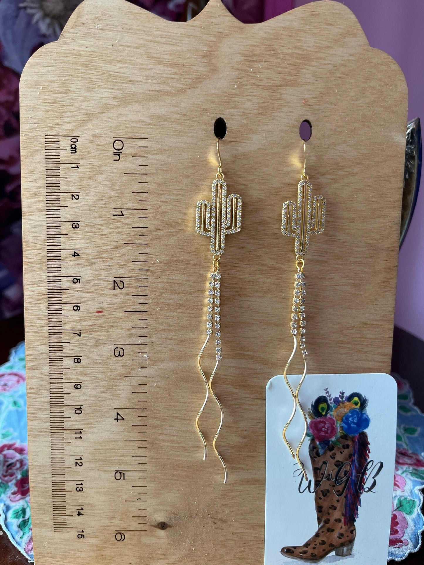 Gold Pave Cactus Earrings with Rhinestone Tassels, Boho Western Statement Earrings, Cactus Earrings, Western Wedding Earrings, NFR Earrings