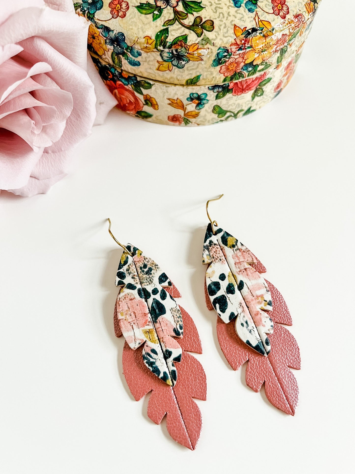 Embossed Feather Earrings in Pansy Leopard Print and Shimmery Peach Coral Lambskin, Leopard Print, Pansy Flower Earrings, Peach Earrings