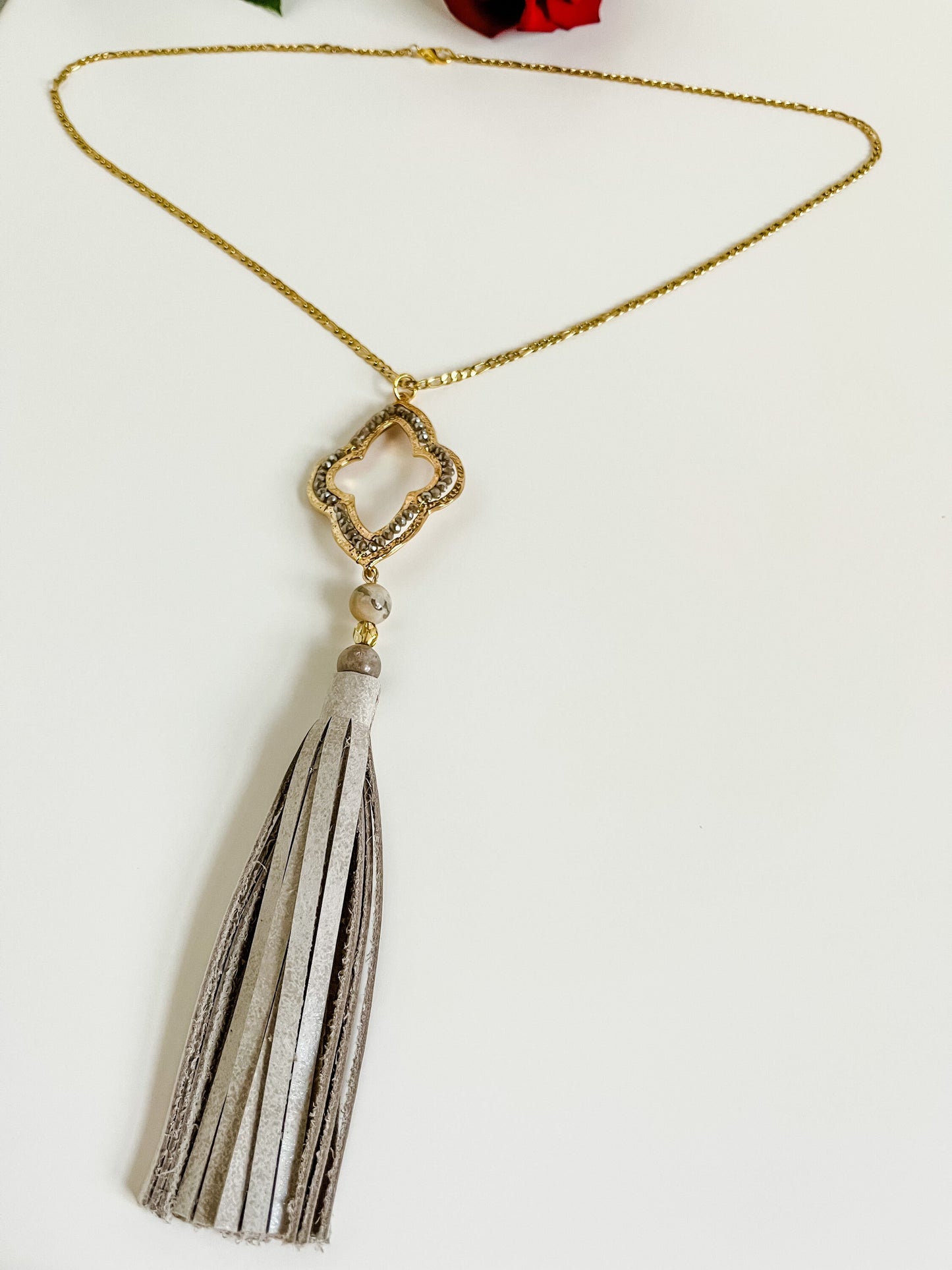 Leather Tassel Necklace, Gold Figaro Chain with Cream Beige Leather Tassel, Gold Arabesque Pendant, Sunstone Beads, Statement Necklace