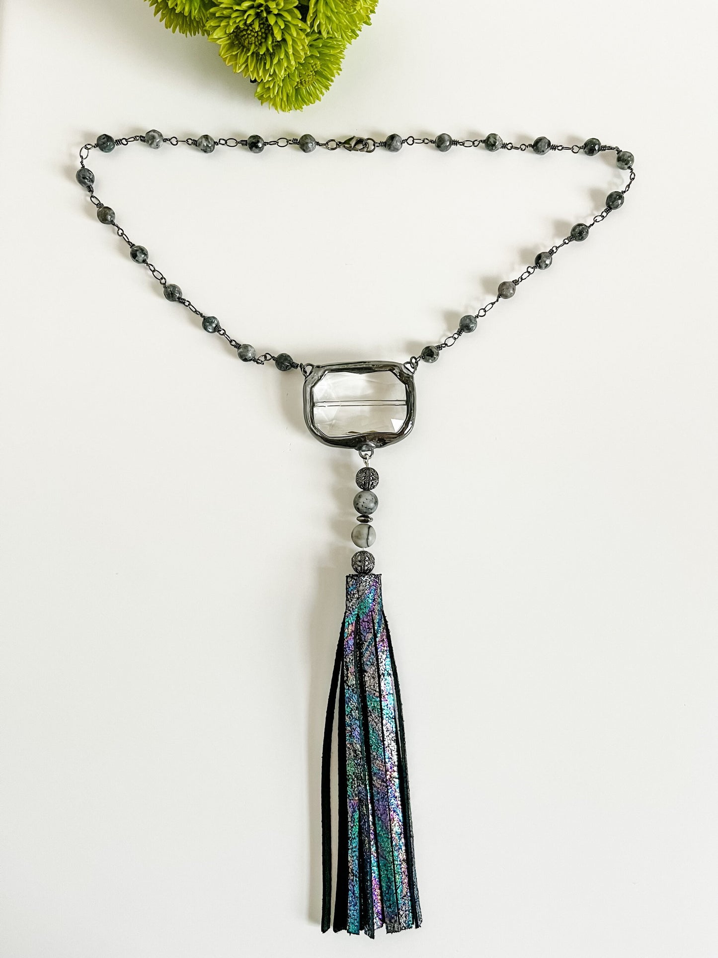 Labradorite Bead Chain Tassel Necklace, Metallic Leather Tassel Necklace, Crystal Pendant Necklace, Maximalist Necklace, Labradorite Jewelry