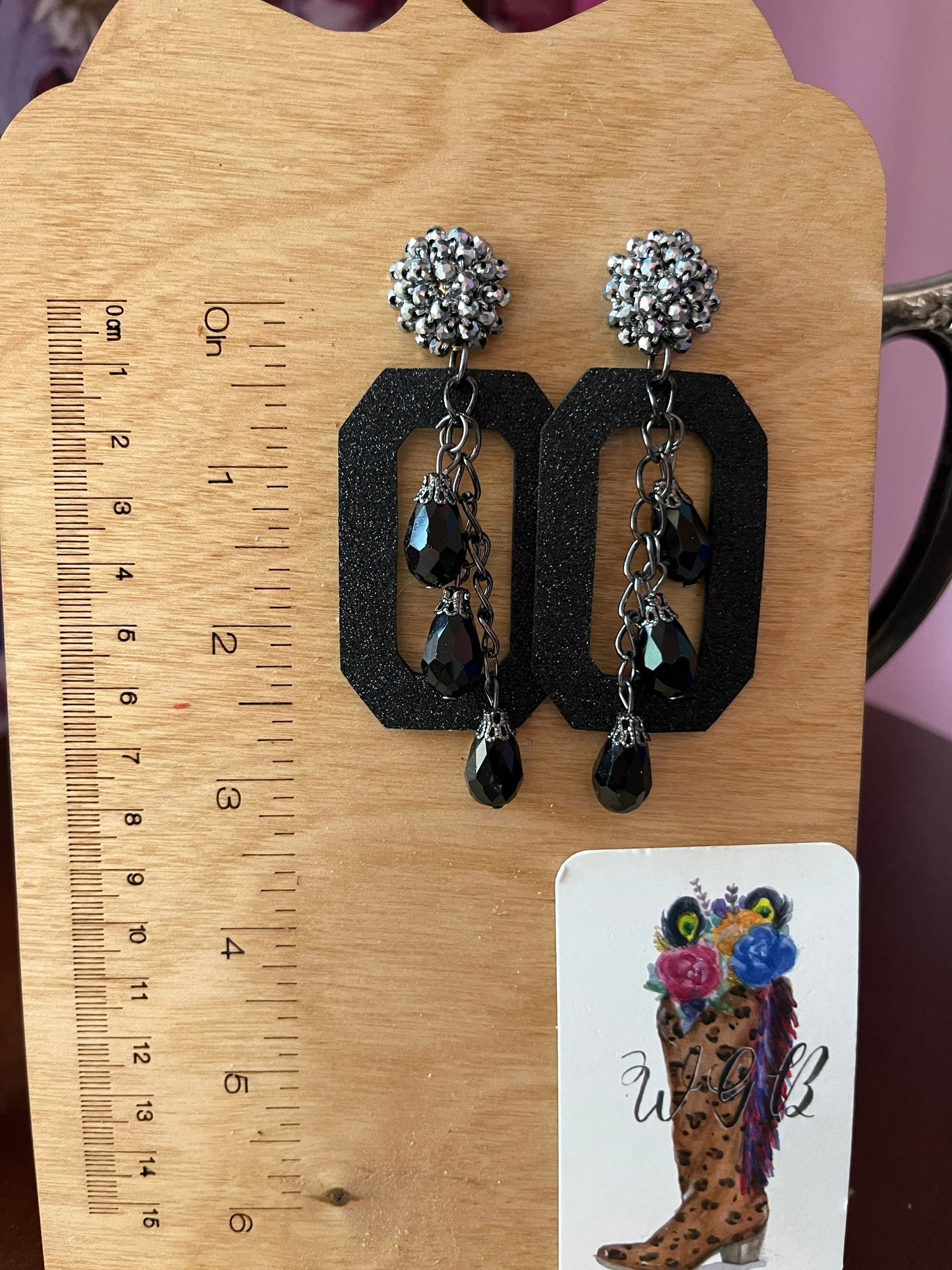 Shimmery Black Leather Earrings with Black Bead Dangles, Western Glam Maximalist Earrings, Party Earrings, Boho Dressy Earrings