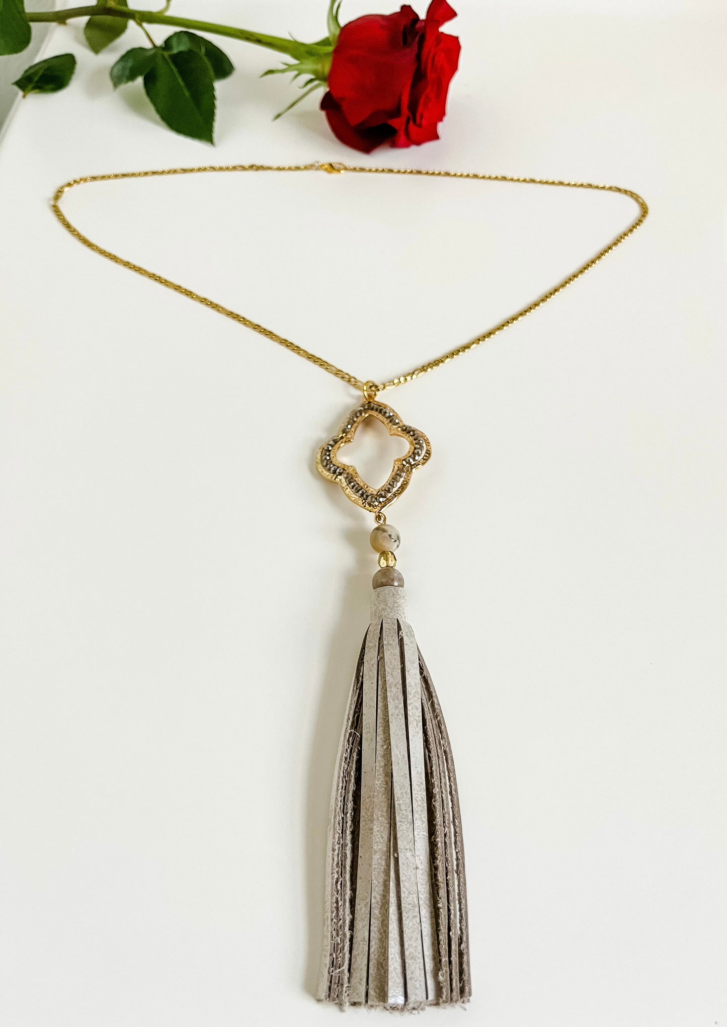 Leather Tassel Necklace, Gold Figaro Chain with Cream Beige Leather Tassel, Gold Arabesque Pendant, Sunstone Beads, Statement Necklace