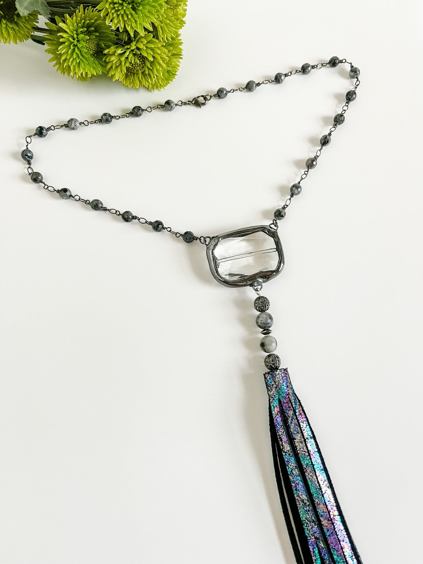 Labradorite Bead Chain Tassel Necklace, Metallic Leather Tassel Necklace, Crystal Pendant Necklace, Maximalist Necklace, Labradorite Jewelry