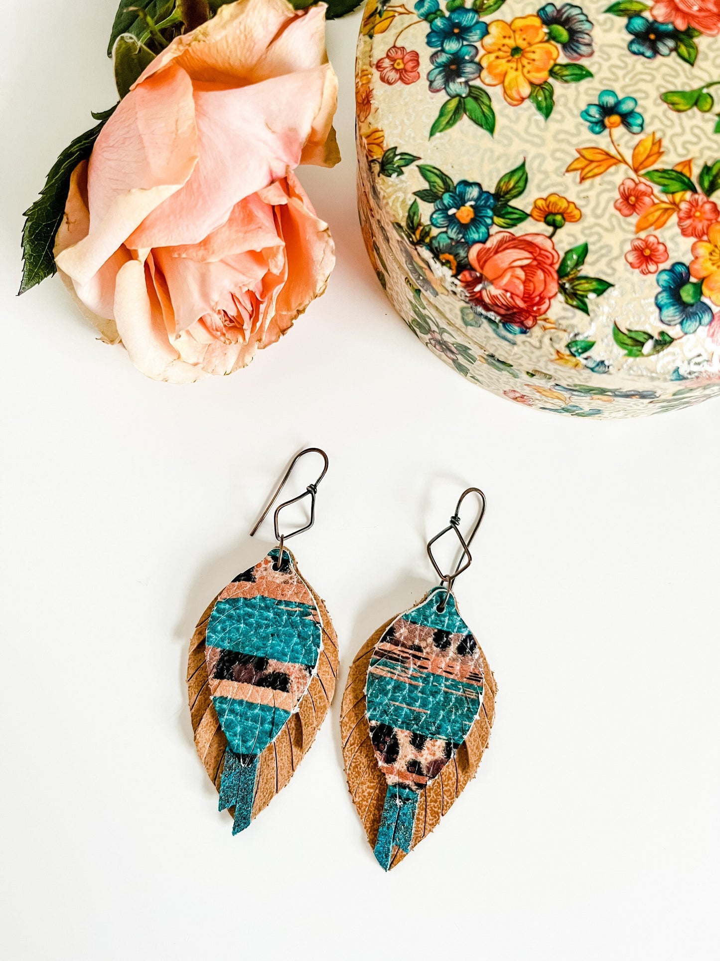 Boho Feather Earrings in Teal and Leopard, Western Leopard Earrings, Coastal Cowgirl Earrings, Metallic Bronze and Teal Earrings