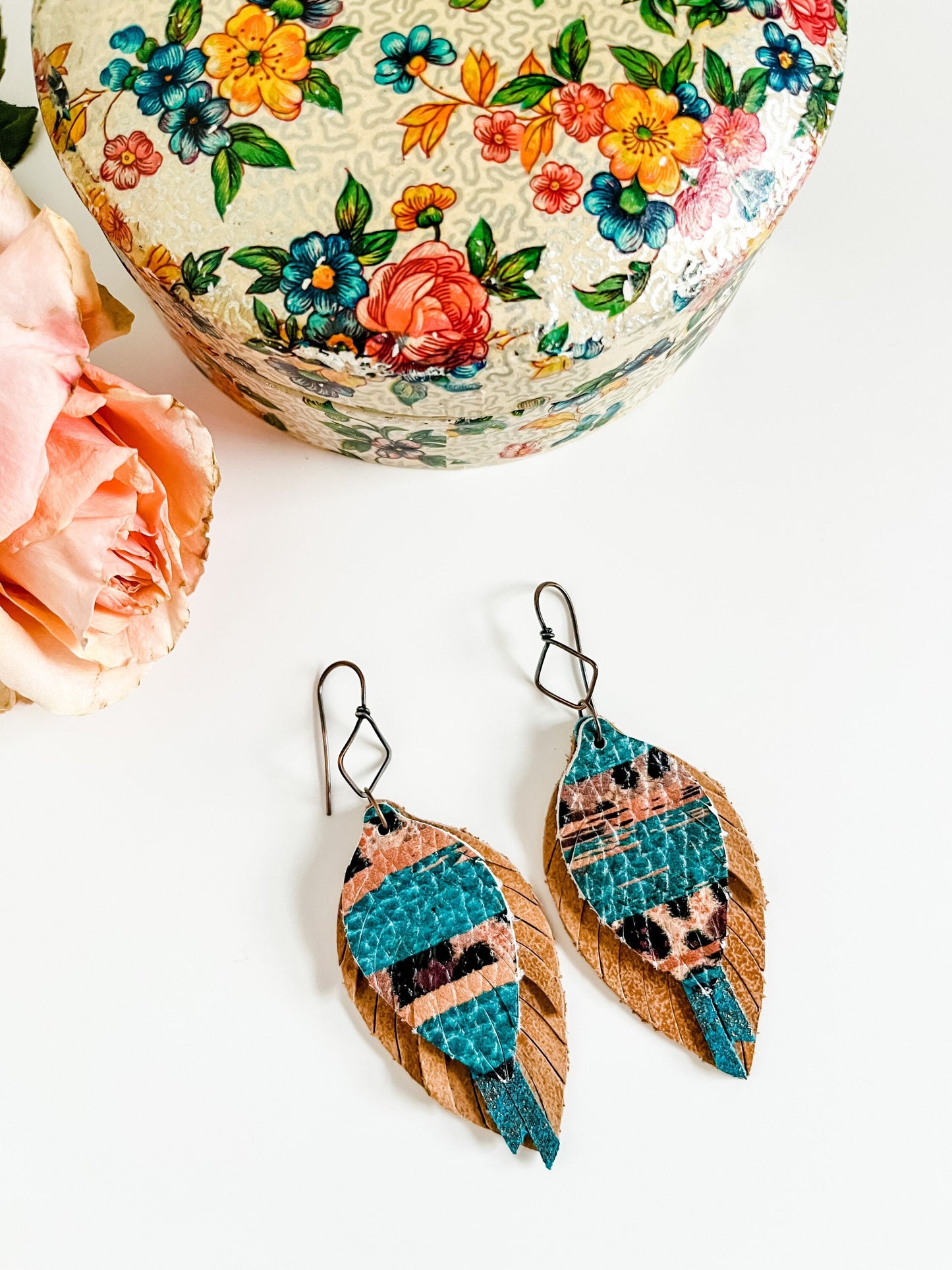 Boho Feather Earrings in Teal and Leopard, Western Leopard Earrings, Coastal Cowgirl Earrings, Metallic Bronze and Teal Earrings