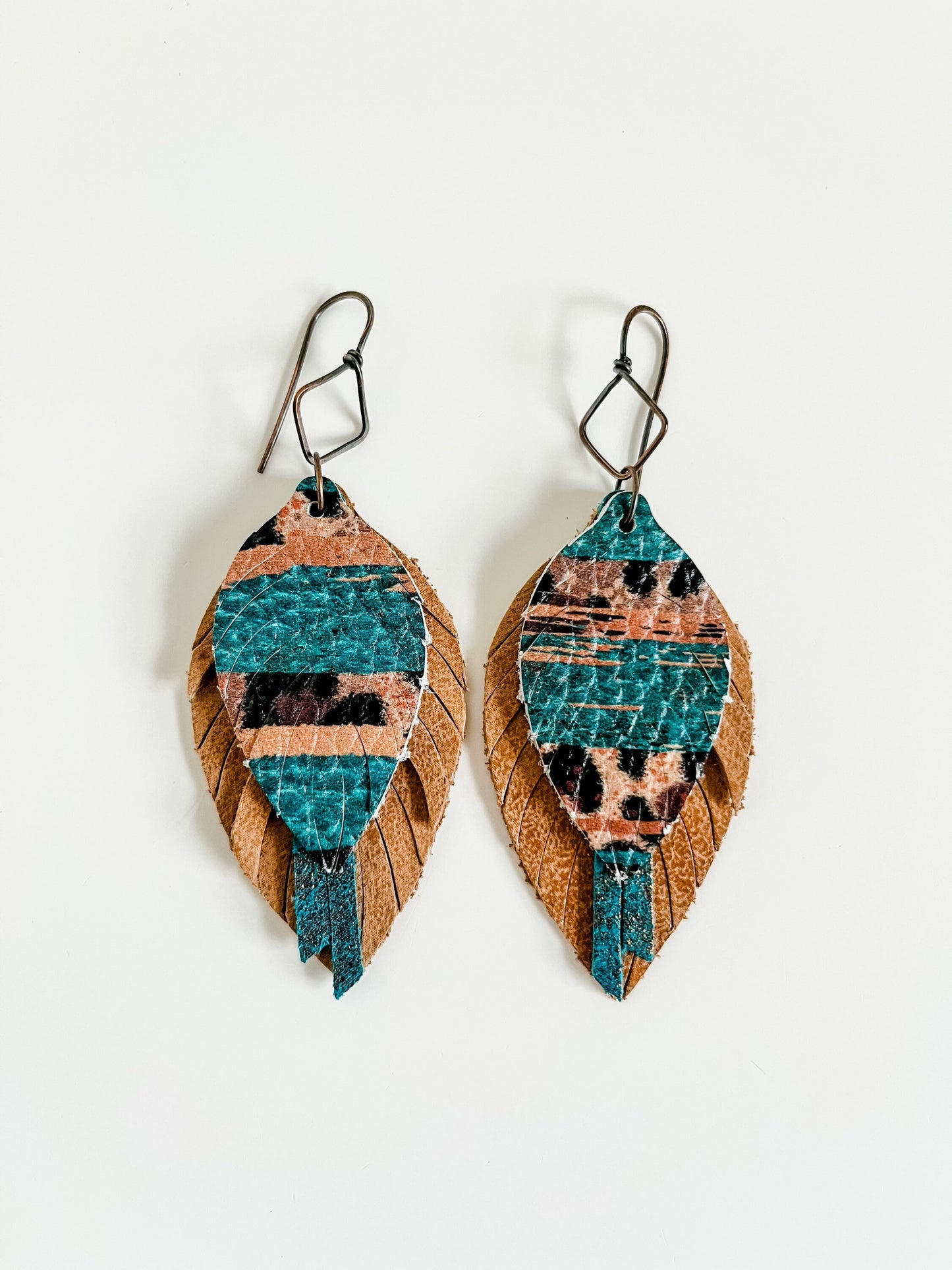 Boho Feather Earrings in Teal and Leopard, Western Leopard Earrings, Coastal Cowgirl Earrings, Metallic Bronze and Teal Earrings