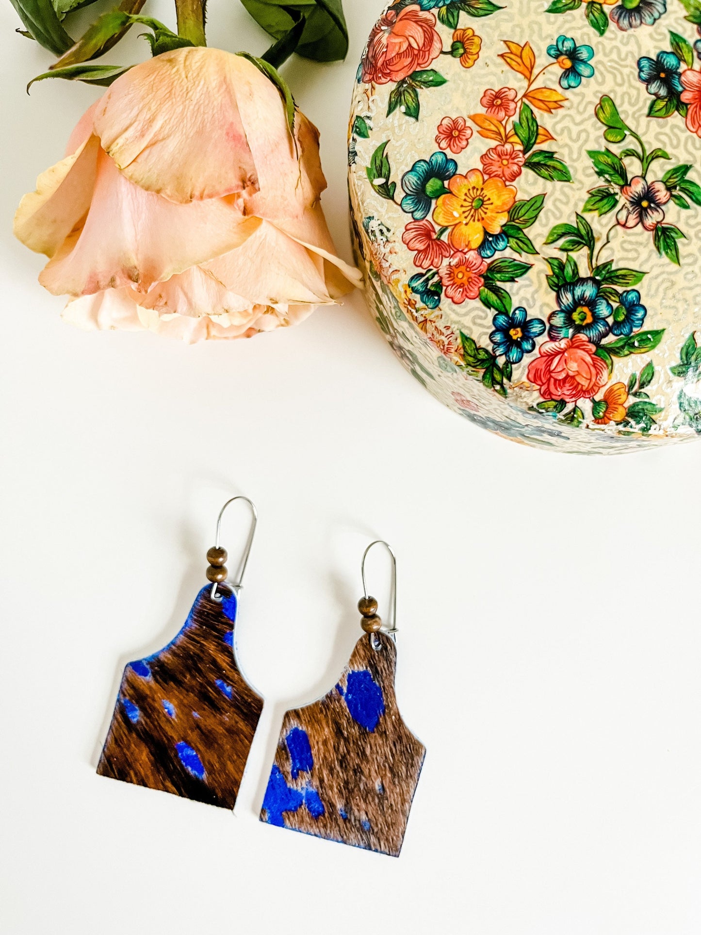 Royal Blue Brindle Hair on Hide Cattle Tag Earrings, Cow Ear Tag Earrings with Wood Beads, Western Earrings, Punchy Earrings