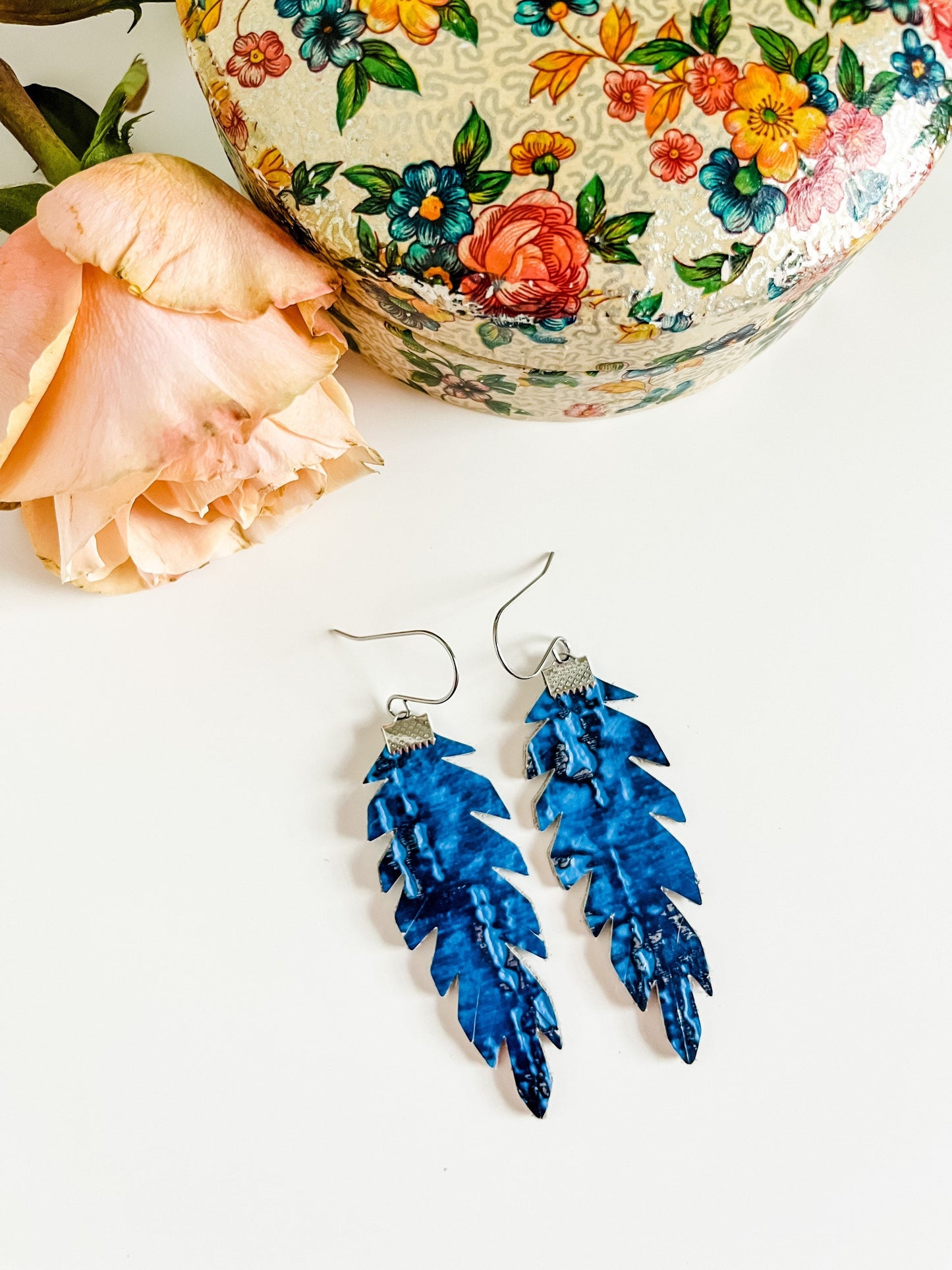 Wildwood Leather Double Sided Feather Earrings, Coastal Cowgirl Earrings, Boho Feather Earrings, Light Turquoise and Bronze, Blue and Silver