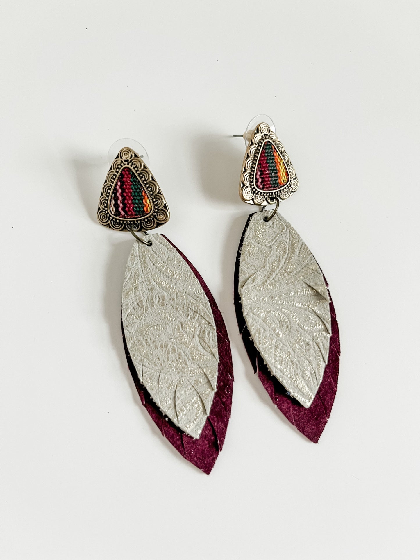 Western Retro Inspired Earrings, Feather Earrings, Maroon Earrings, Cream Earrings, Boho Tribal Chic Earrings, Coastal Cowgirl Earrings