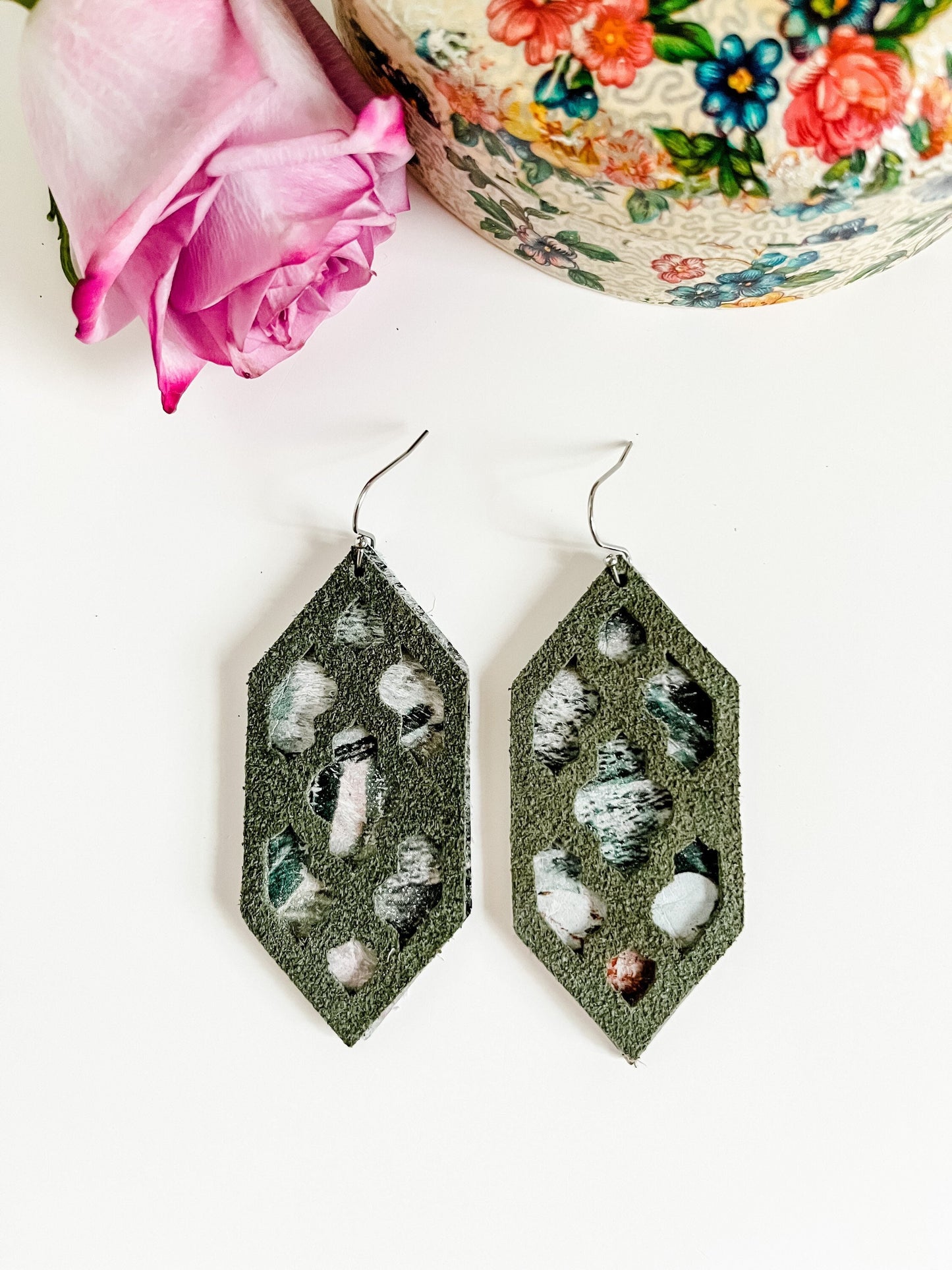 Olive Green Suede and Floral Print Leather Earrings, Quatrefoil Earrings, Neutral Floral and Olive Green Earrings, Festival Earrings