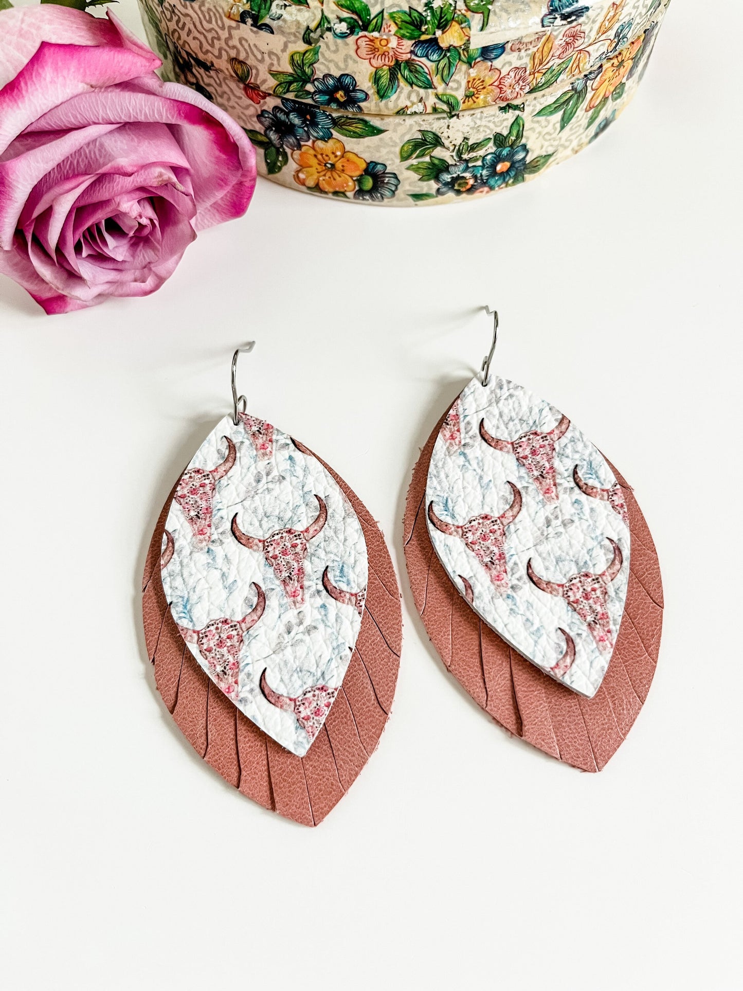 Bohemian Floral Cow Skull Earrings, Coastal Cowgirl, Cherry Pink Distressed Leather Earrings, Floral and Longhorn Skull Earrings